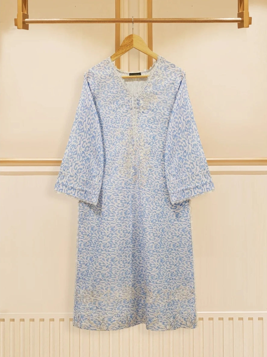 Agha Noor Azure Meadow: Embroidered Printed Lawn Shirt
