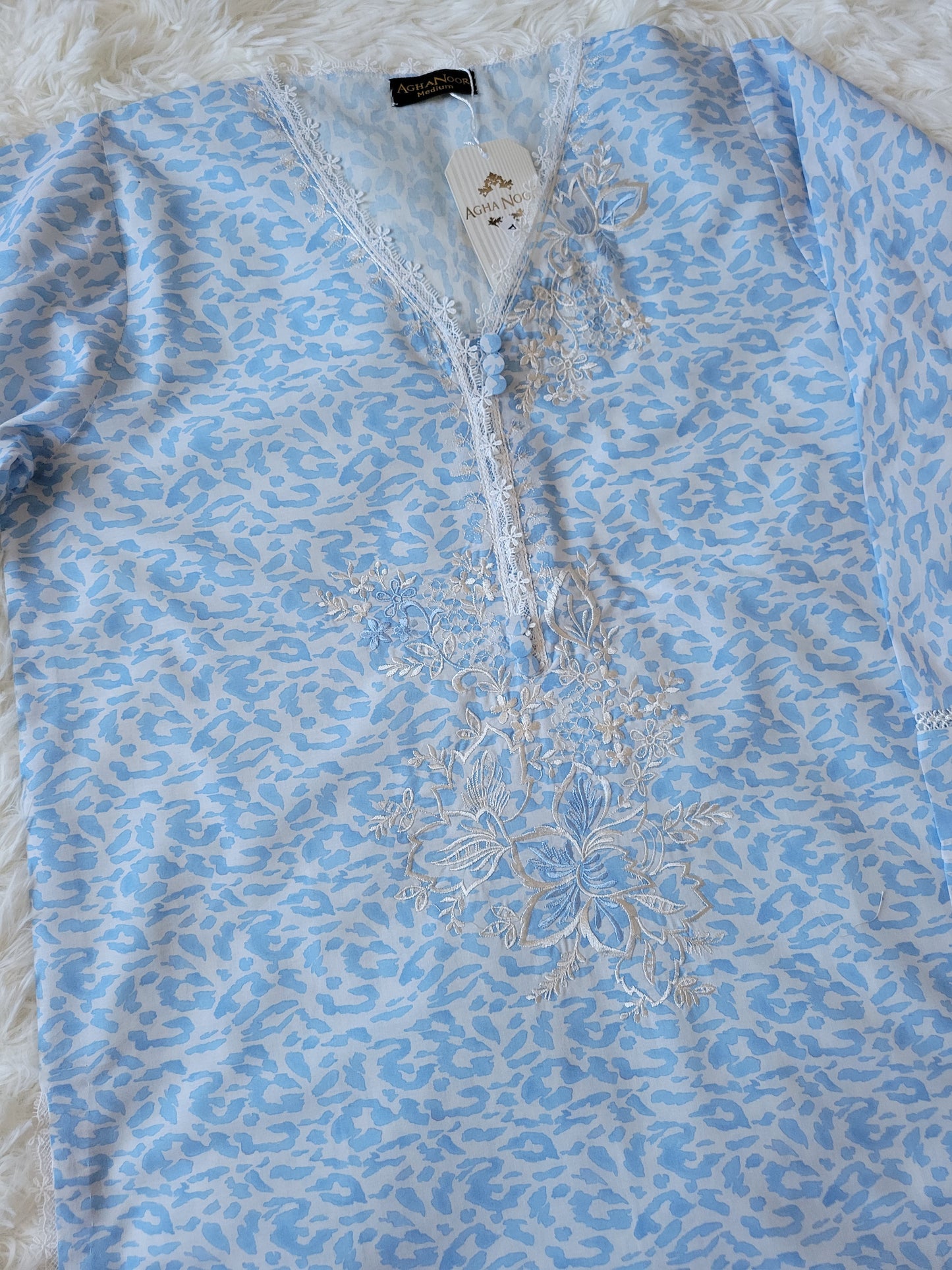 Agha Noor Azure Meadow: Embroidered Printed Lawn Shirt