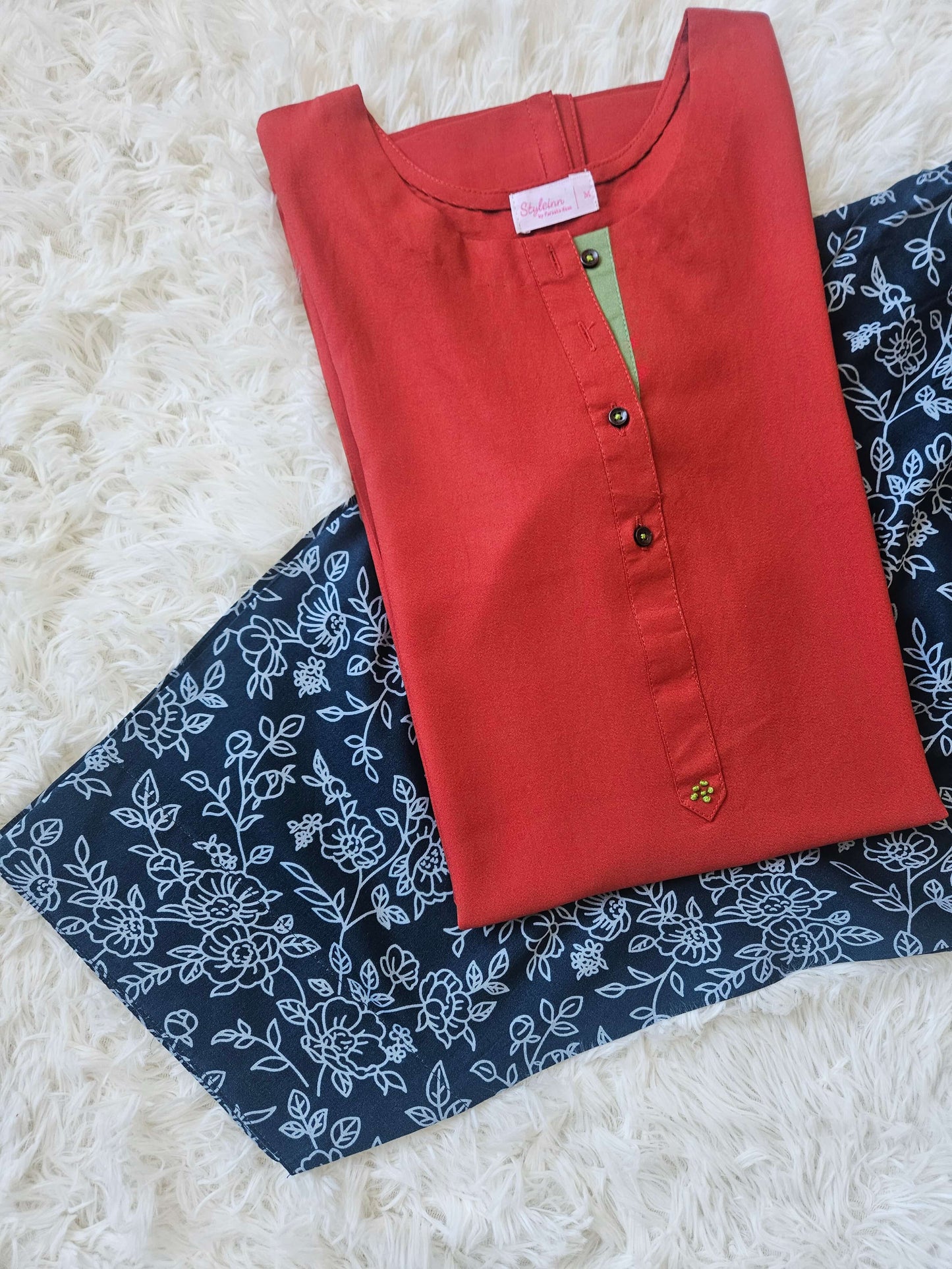 2 Piece Marina Solid Radish Rust Kurta with Printed Floral Shalwar