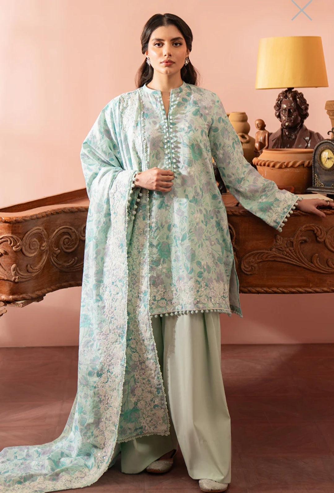 Cross Stitch Aqua Whisper: Embroidered Printed Suit with Pleated Details