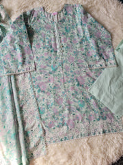 Cross Stitch Aqua Whisper: Embroidered Printed Suit with Pleated Details