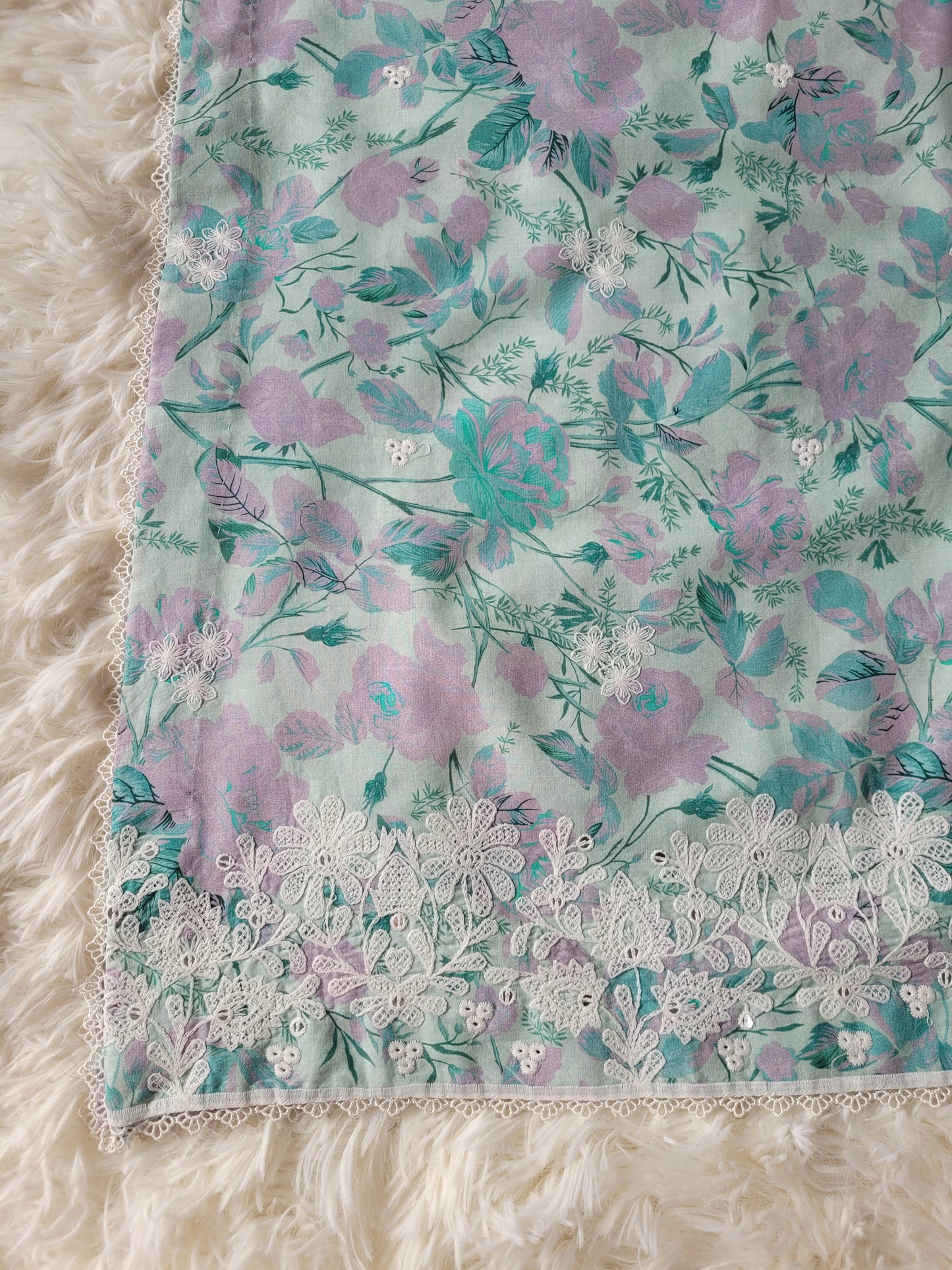 Cross Stitch Aqua Whisper: Embroidered Printed Suit with Pleated Details