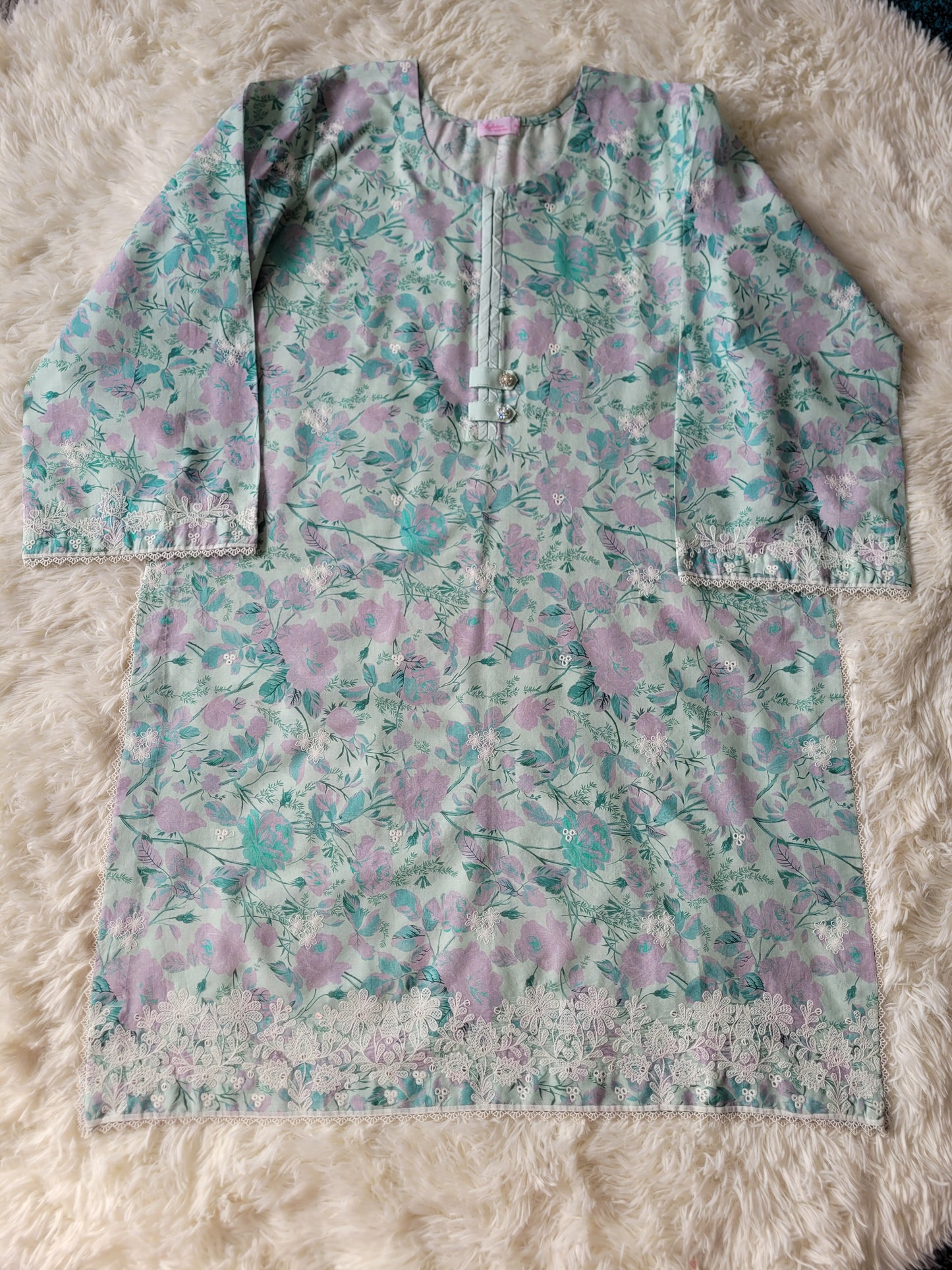Cross Stitch Aqua Whisper: Embroidered Printed Suit with Pleated Details