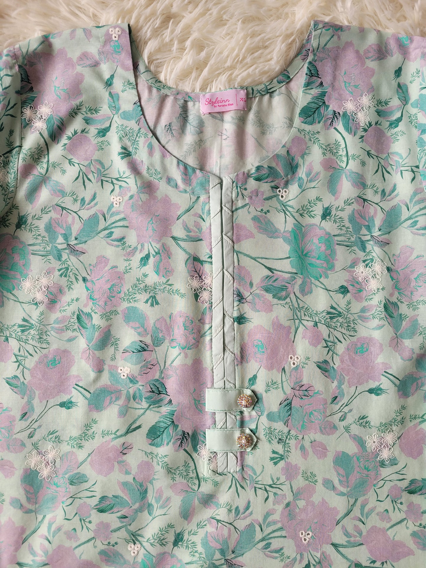 Cross Stitch Aqua Whisper: Embroidered Printed Suit with Pleated Details