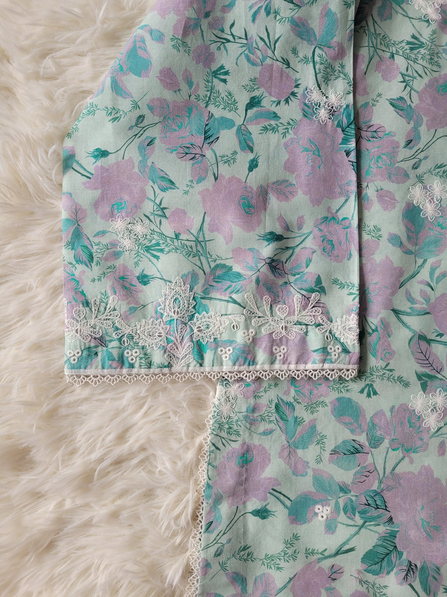 Cross Stitch Aqua Whisper: Embroidered Printed Suit with Pleated Details