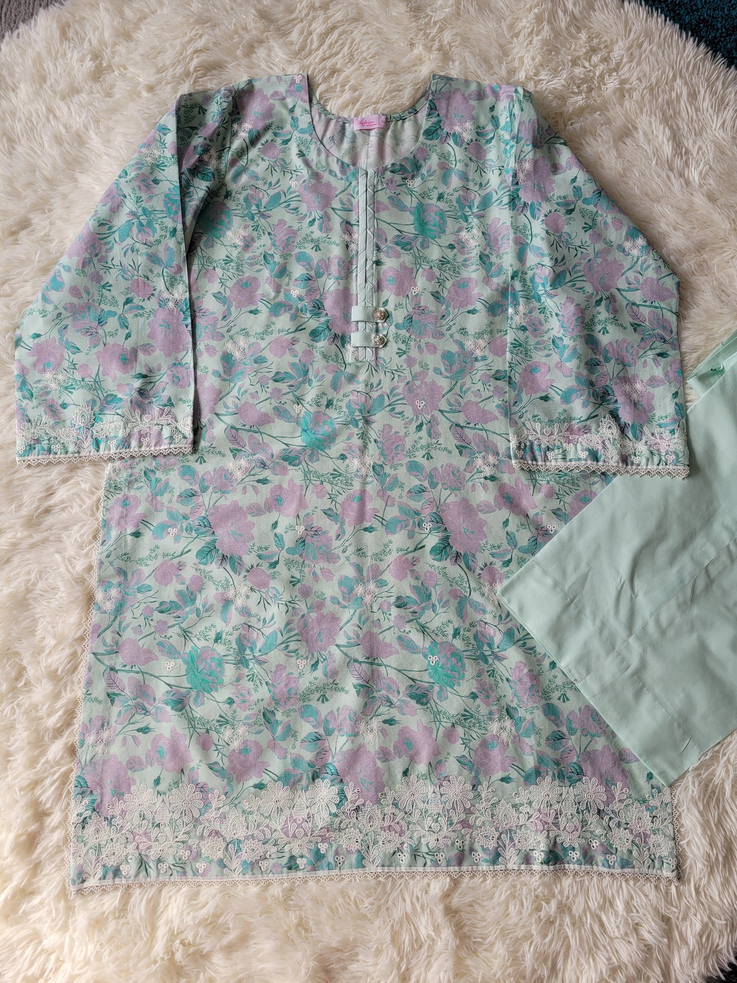 Cross Stitch Aqua Whisper: Embroidered Printed Suit with Pleated Details