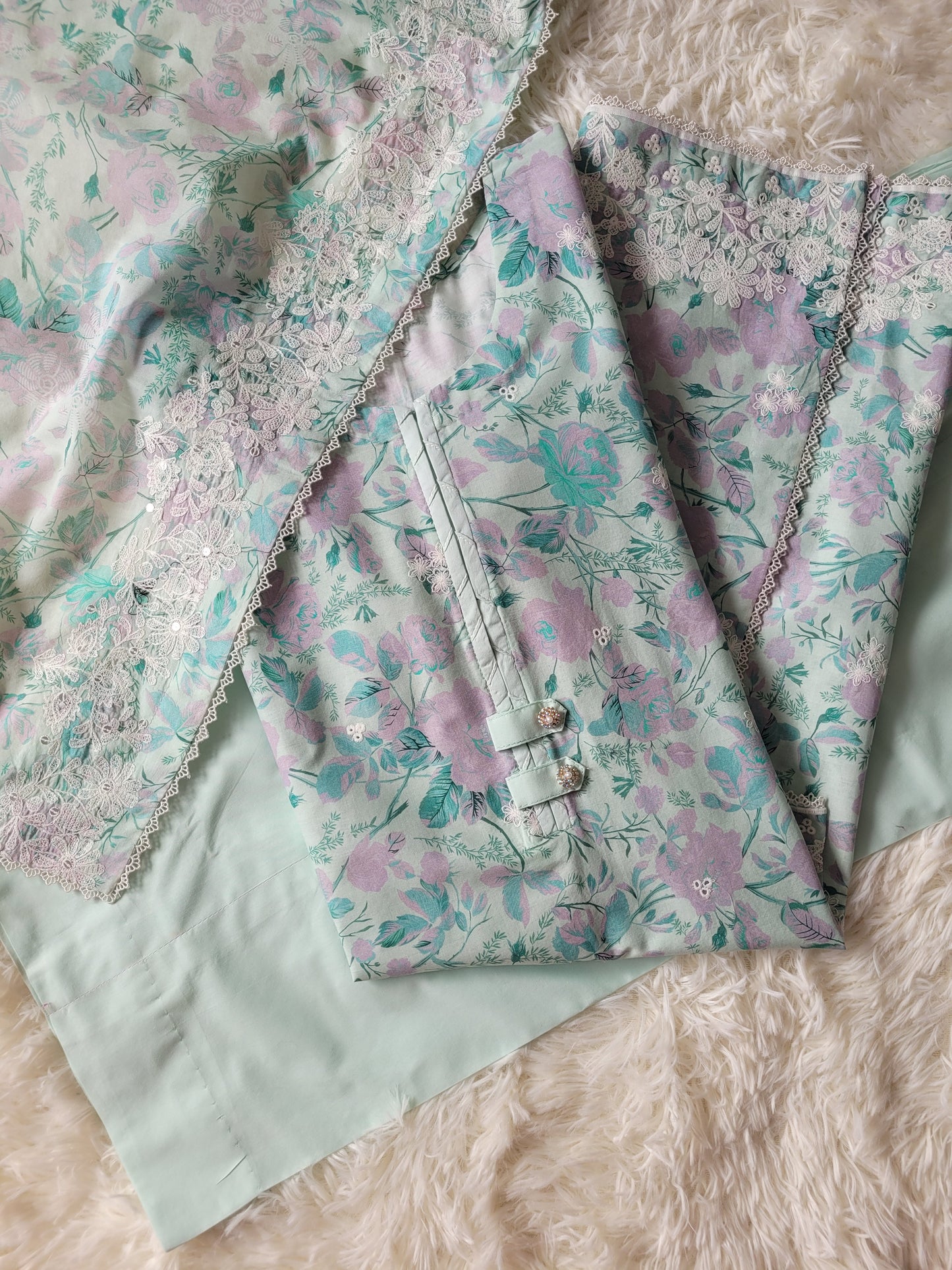 Cross Stitch Aqua Whisper: Embroidered Printed Suit with Pleated Details