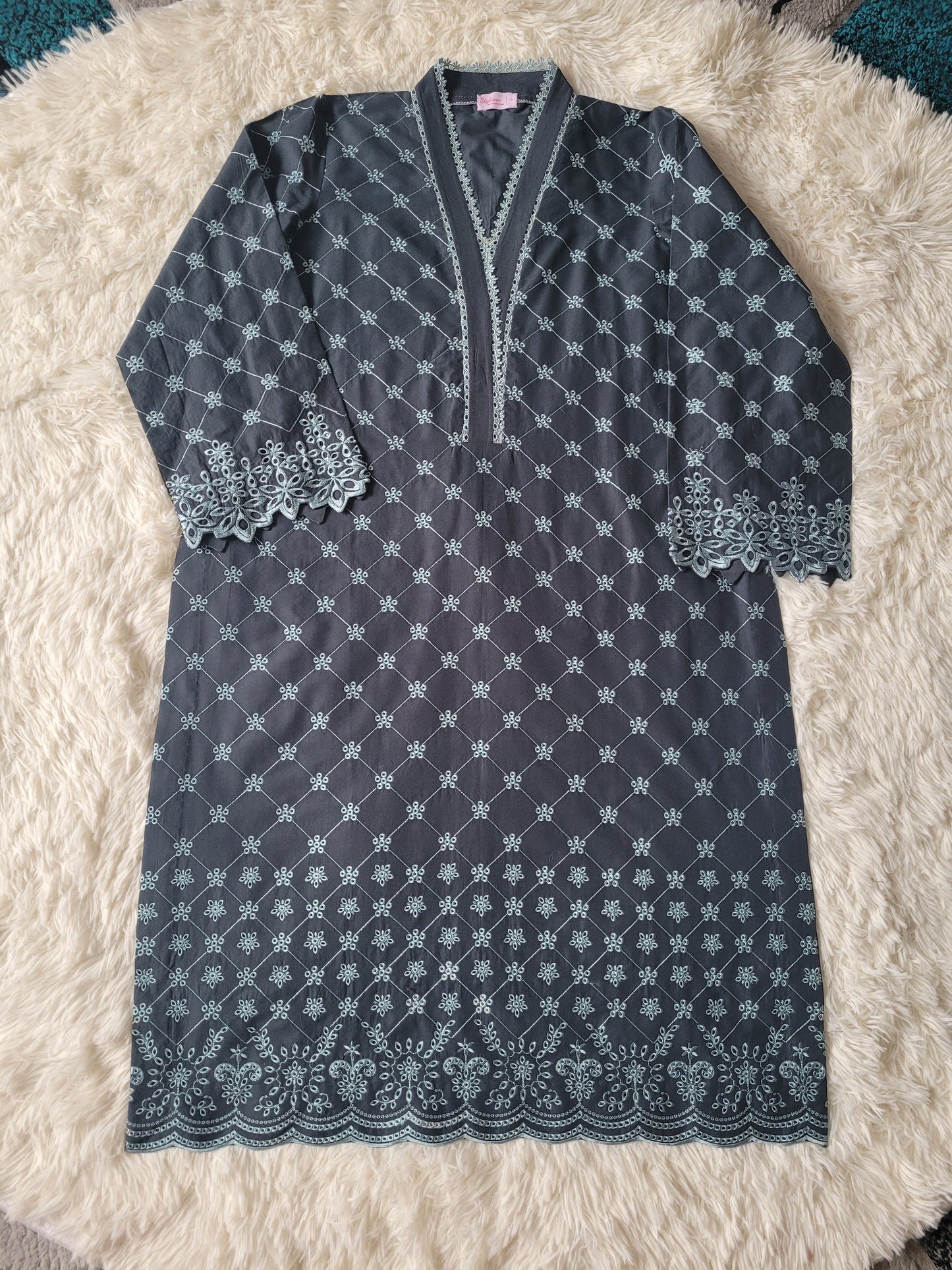 Cross Stitch Charcoal Blooms Printed Suit with Bold Floral Dupatta