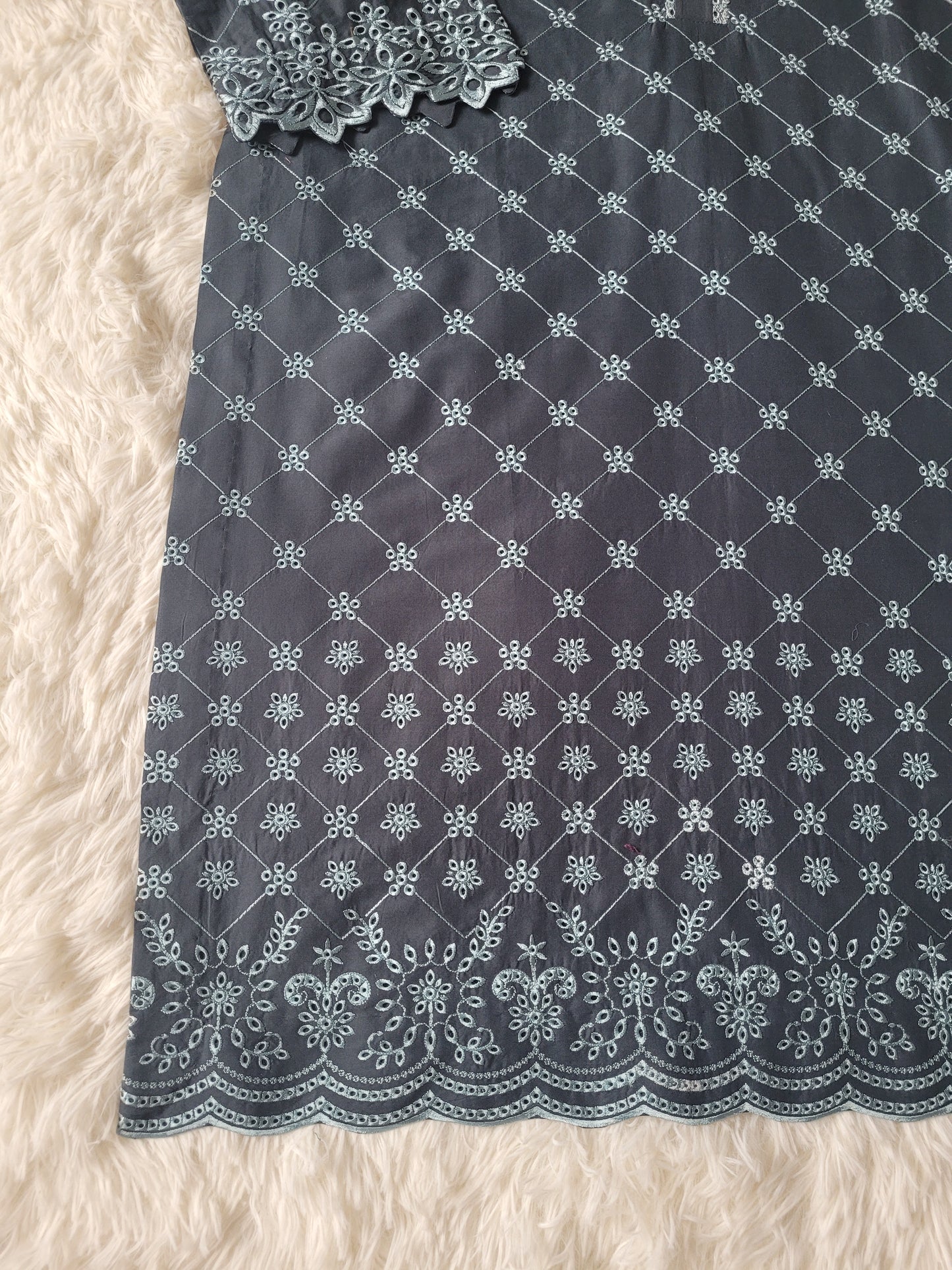 Cross Stitch Charcoal Blooms Printed Suit with Bold Floral Dupatta
