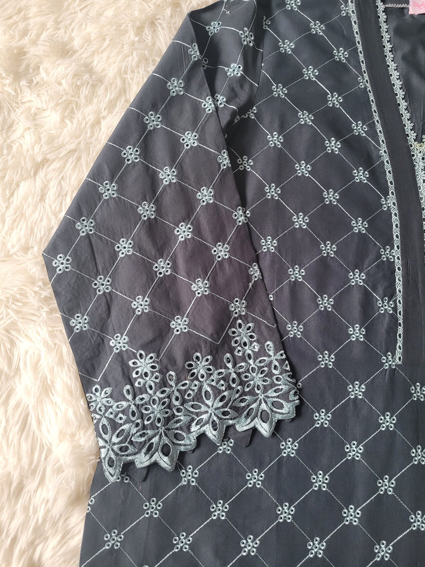 Cross Stitch Charcoal Blooms Printed Suit with Bold Floral Dupatta