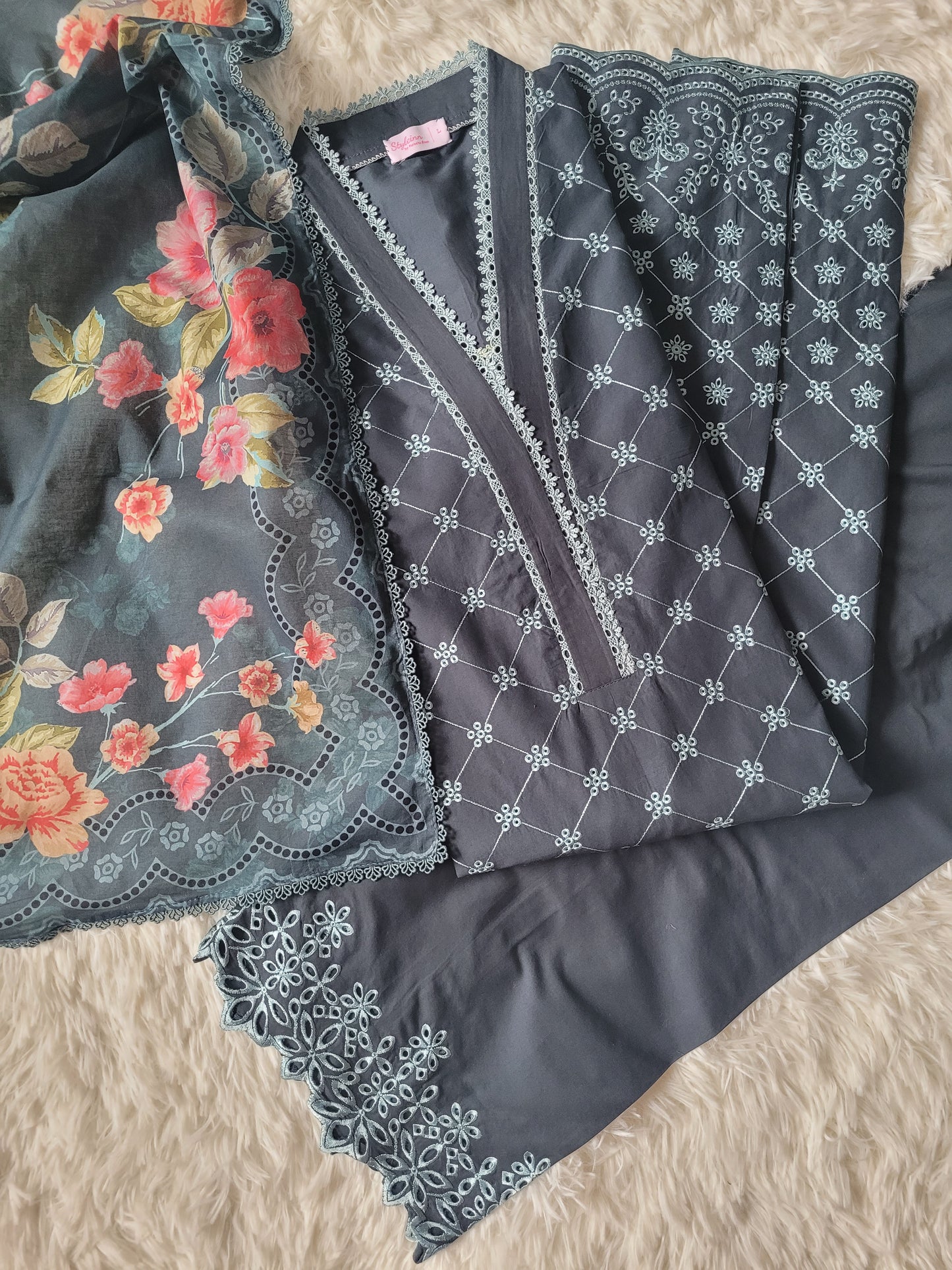 Cross Stitch Charcoal Blooms Printed Suit with Bold Floral Dupatta