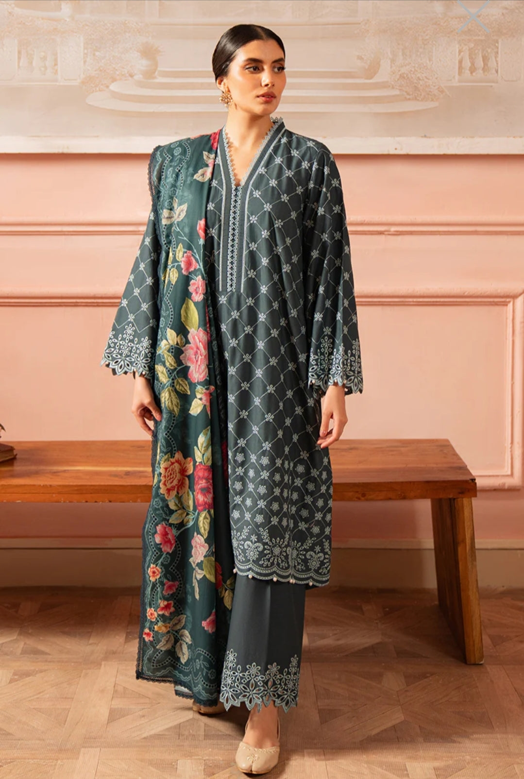 Cross Stitch Charcoal Blooms Printed Suit with Bold Floral Dupatta