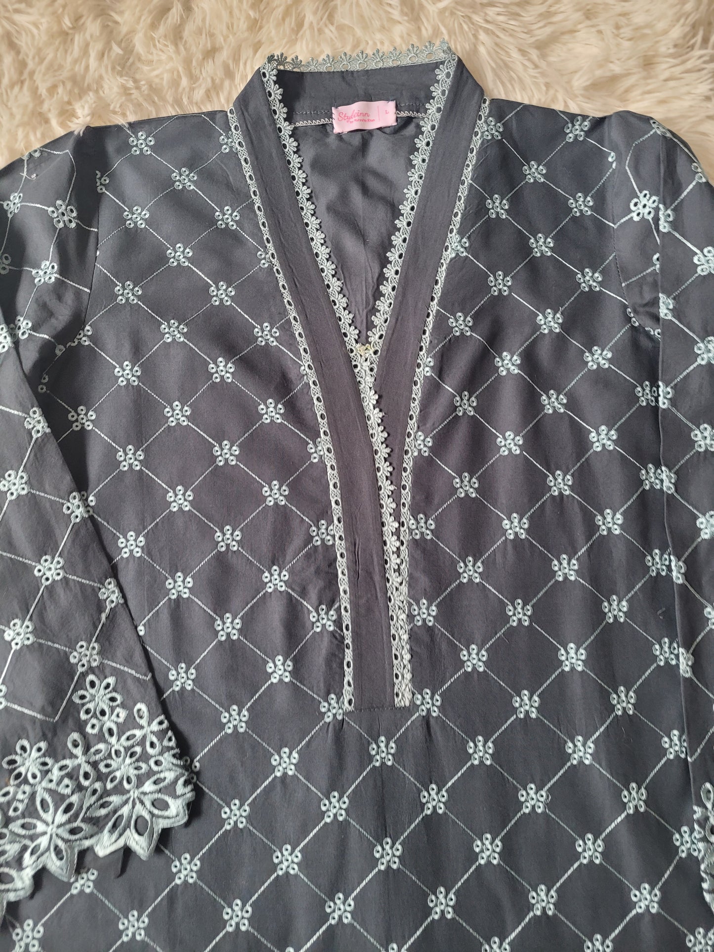 Cross Stitch Charcoal Blooms Printed Suit with Bold Floral Dupatta