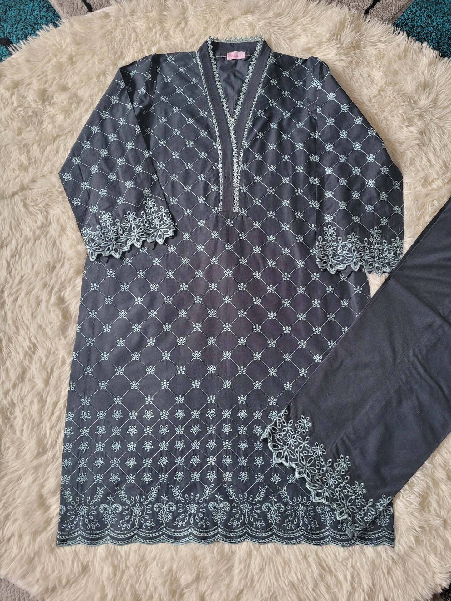 Cross Stitch Charcoal Blooms Printed Suit with Bold Floral Dupatta