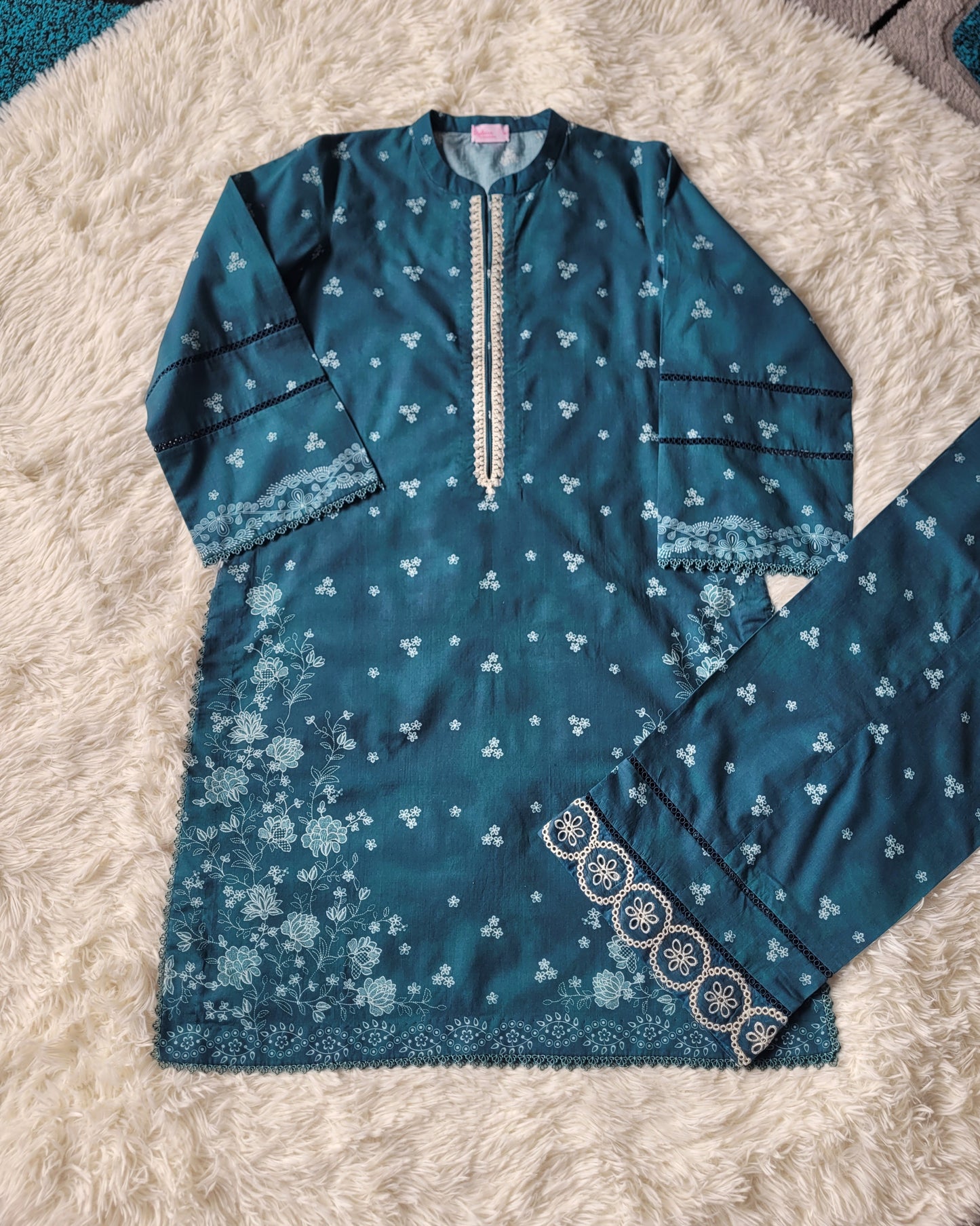 Cross Stitch Deep Teal: Embroidered Suit with Subtle Prints