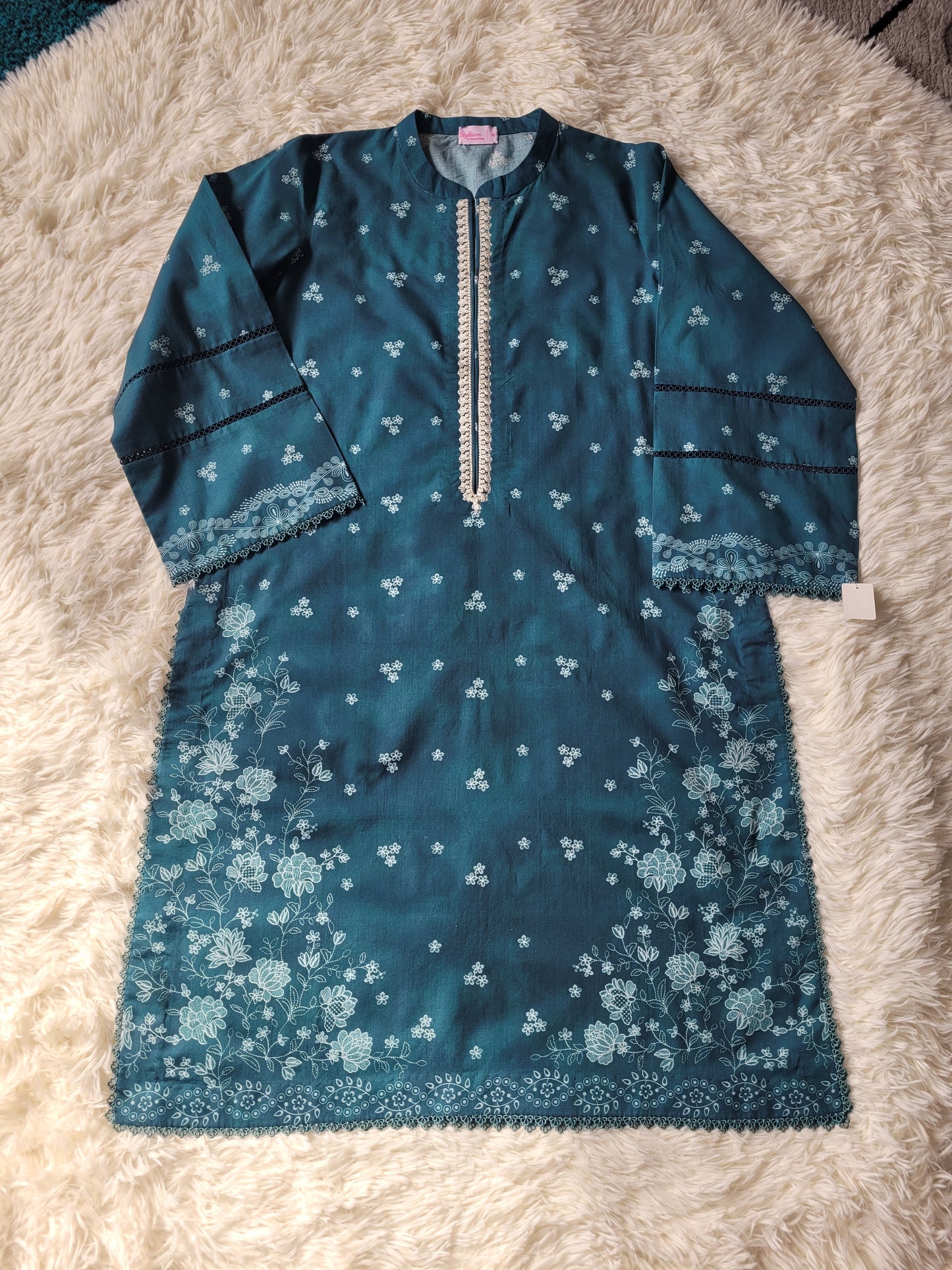 Cross Stitch Deep Teal: Embroidered Suit with Subtle Prints
