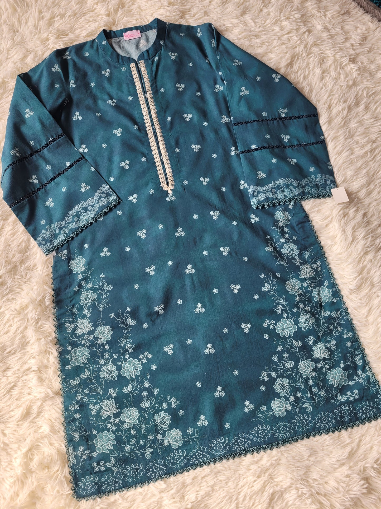 Cross Stitch Deep Teal: Embroidered Suit with Subtle Prints
