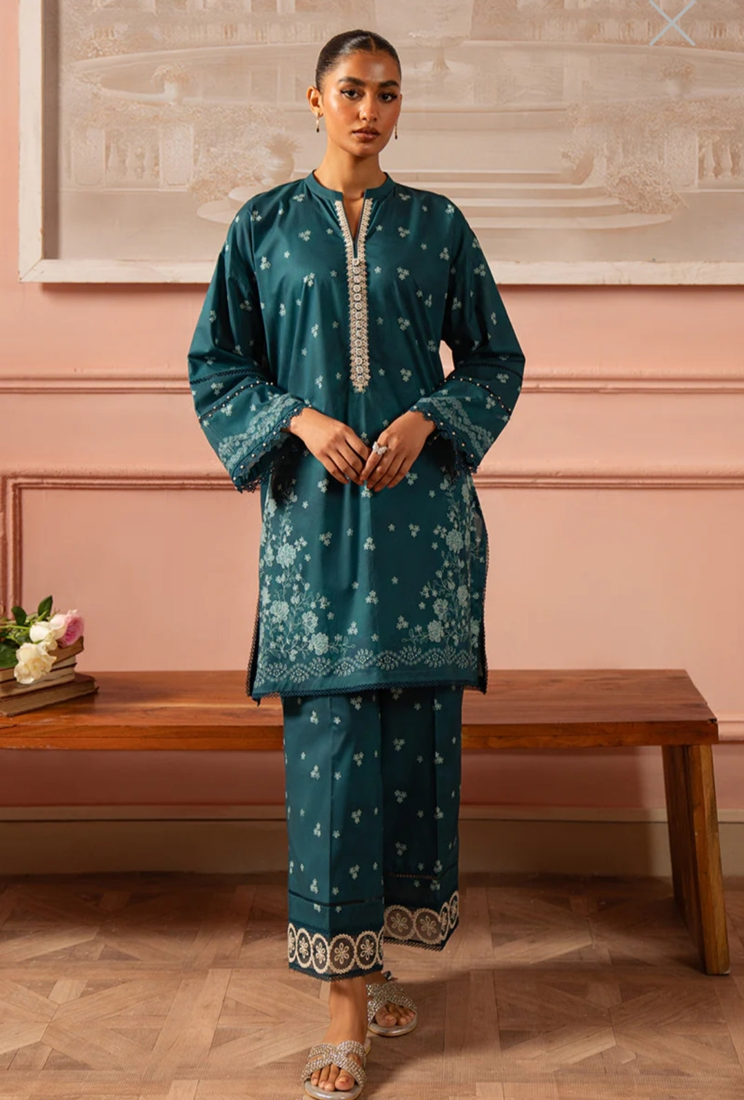 Cross Stitch Deep Teal: Embroidered Suit with Subtle Prints