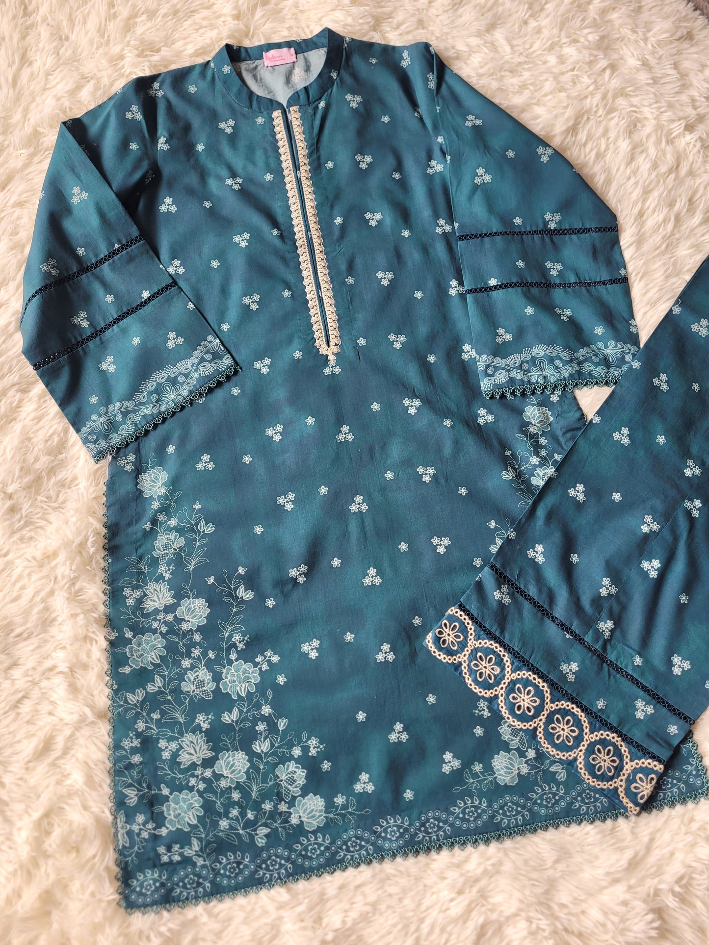 Cross Stitch Deep Teal: Embroidered Suit with Subtle Prints
