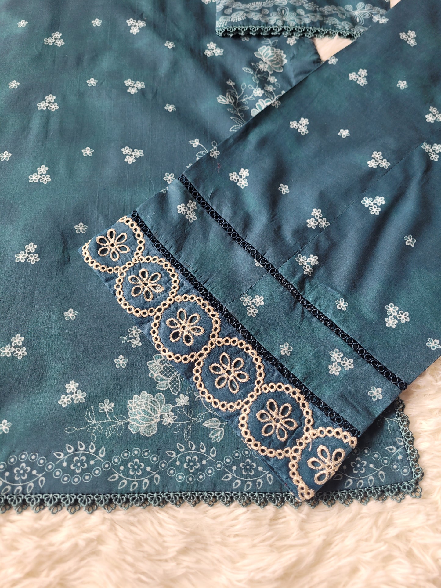 Cross Stitch Deep Teal: Embroidered Suit with Subtle Prints
