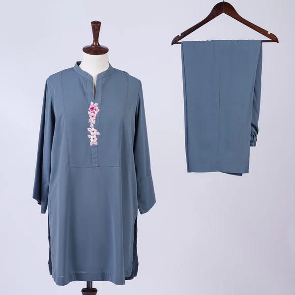 Slate Blossom: Embroidered Georgette Duo