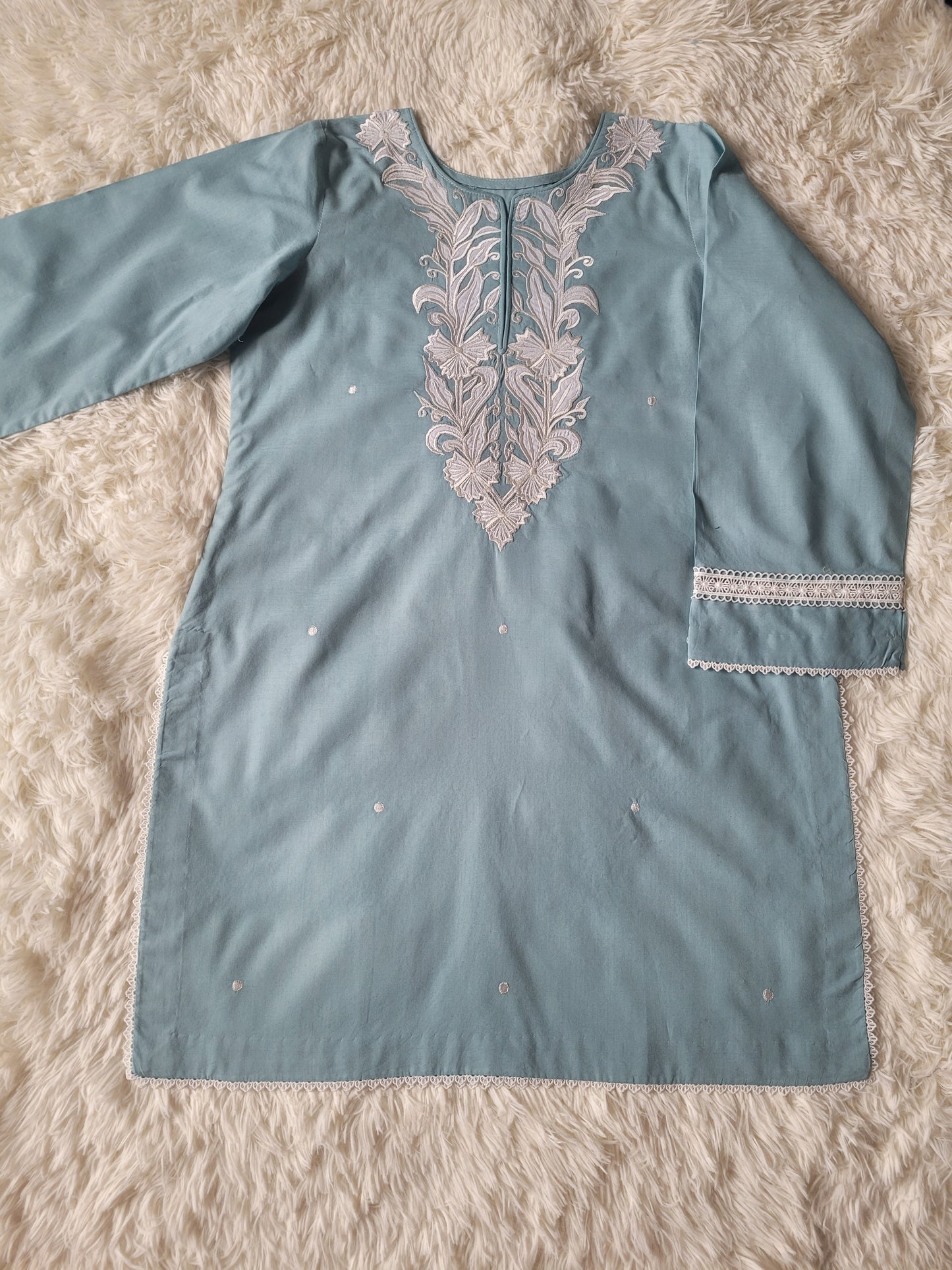 Aqua Bloom Serenade: Embroidered Suit with Striped tie dye Dupatta