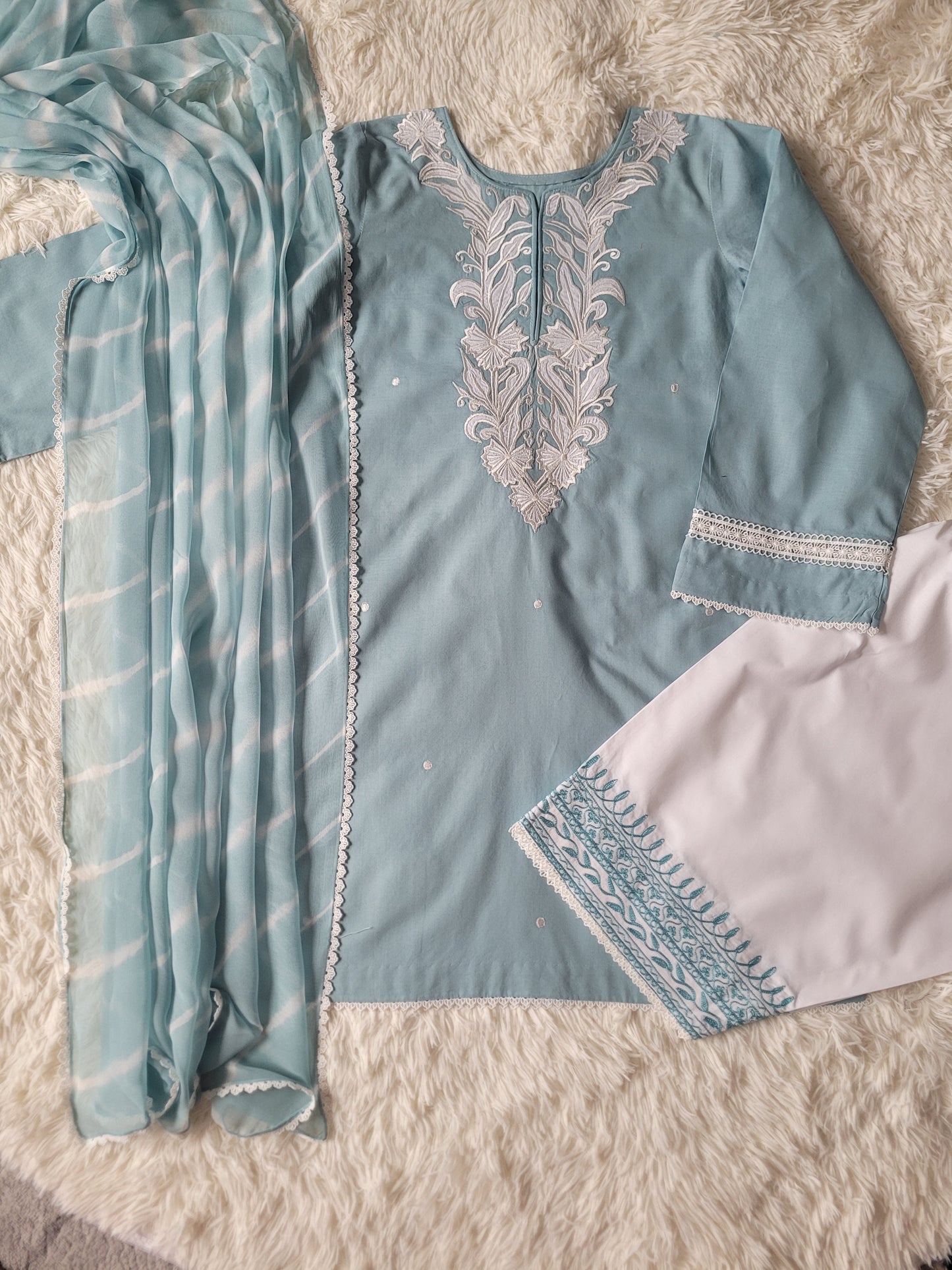 Aqua Bloom Serenade: Embroidered Suit with Striped tie dye Dupatta