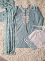 Aqua Bloom Serenade: Embroidered Suit with Striped tie dye Dupatta