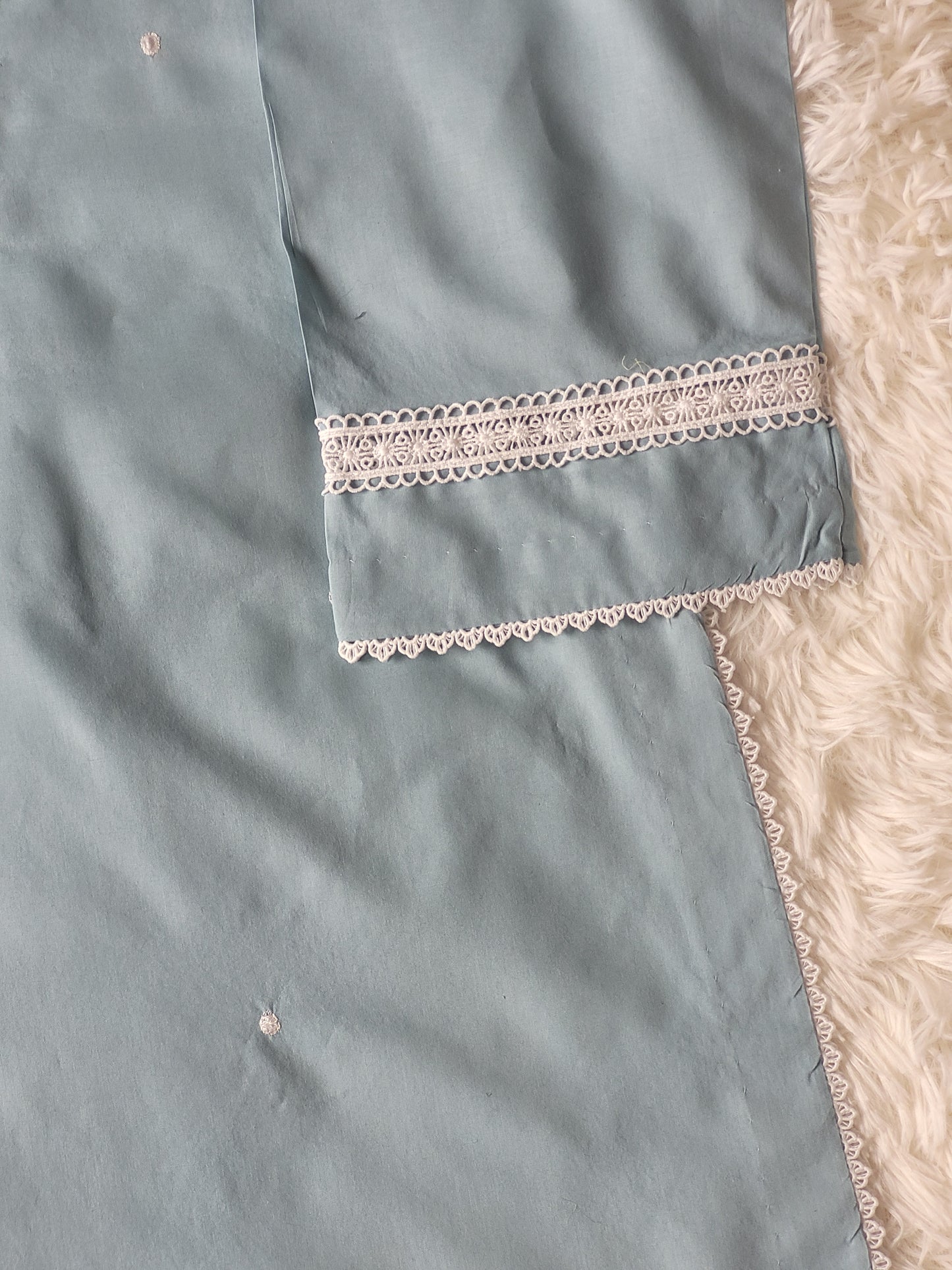 Aqua Bloom Serenade: Embroidered Suit with Striped tie dye Dupatta