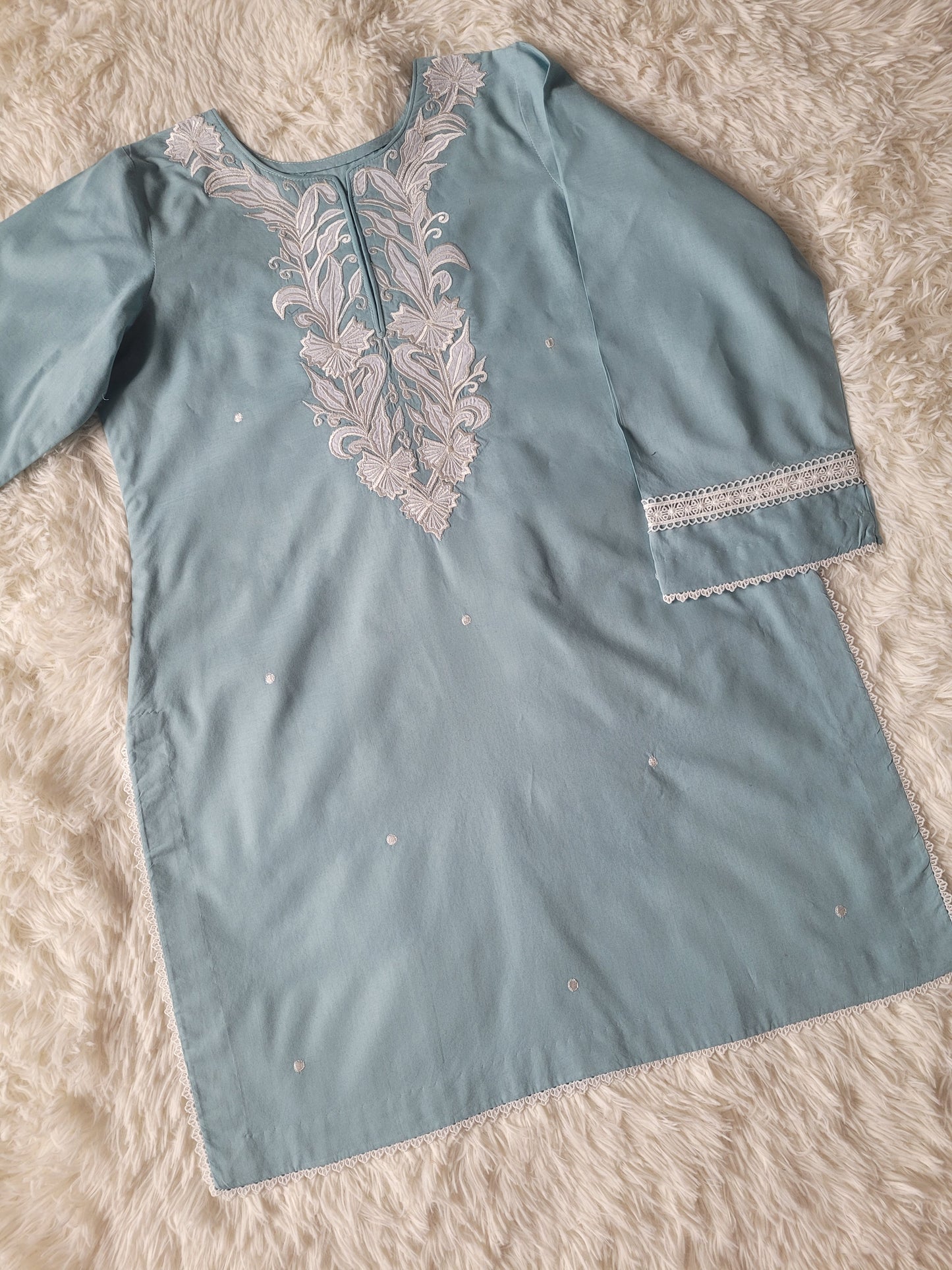 Aqua Bloom Serenade: Embroidered Suit with Striped tie dye Dupatta