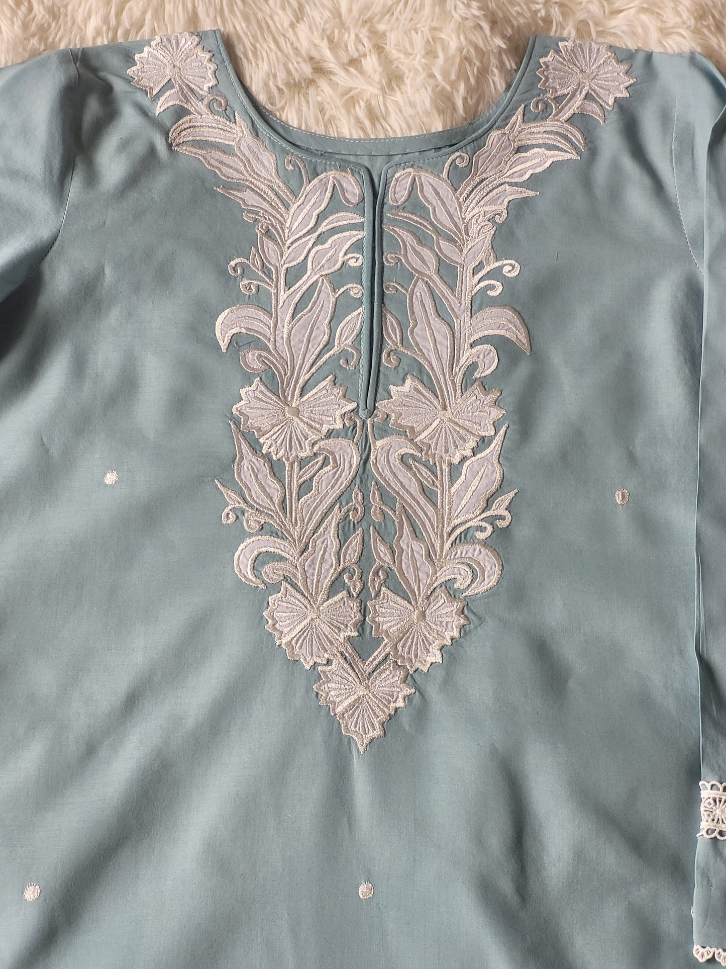 Aqua Bloom Serenade: Embroidered Suit with Striped tie dye Dupatta