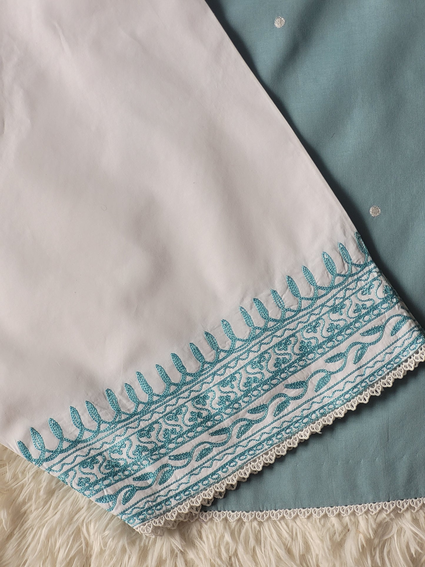 Aqua Bloom Serenade: Embroidered Suit with Striped tie dye Dupatta