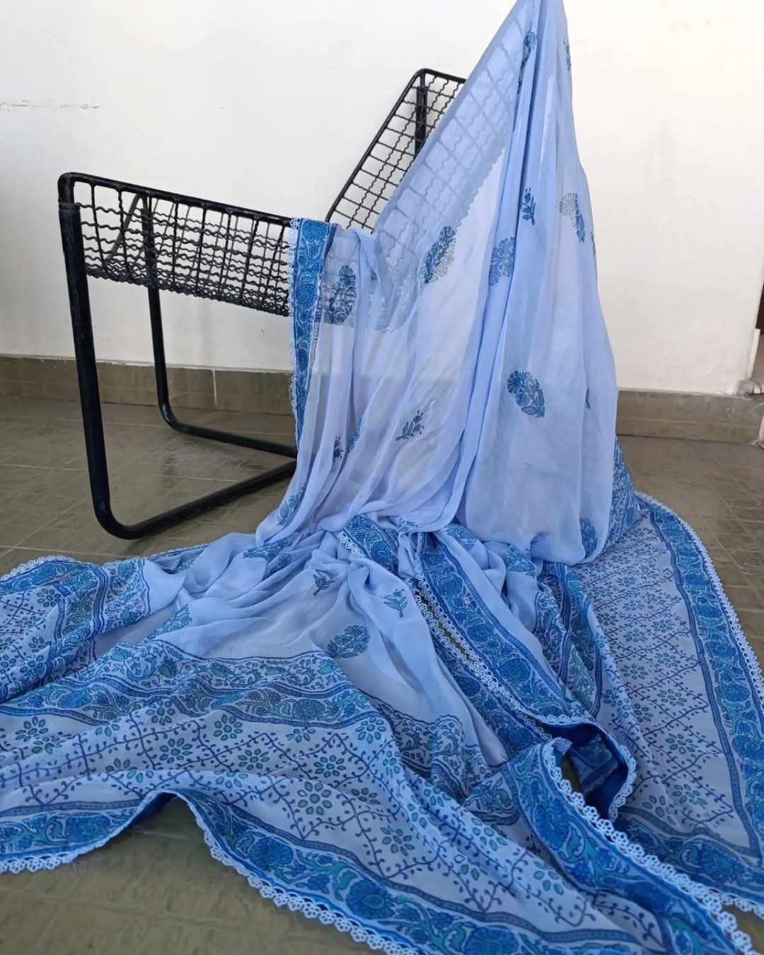 Blue Chiffon Dupatta with Hand Block Motifs & Lace Finish