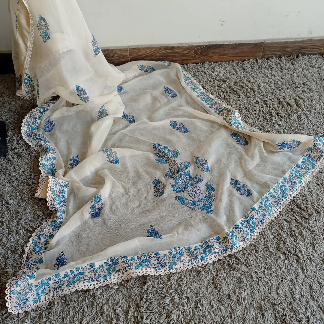 Cream Chiffon Dupatta (Hand Stamped Accents with Lace and Satin Trim)