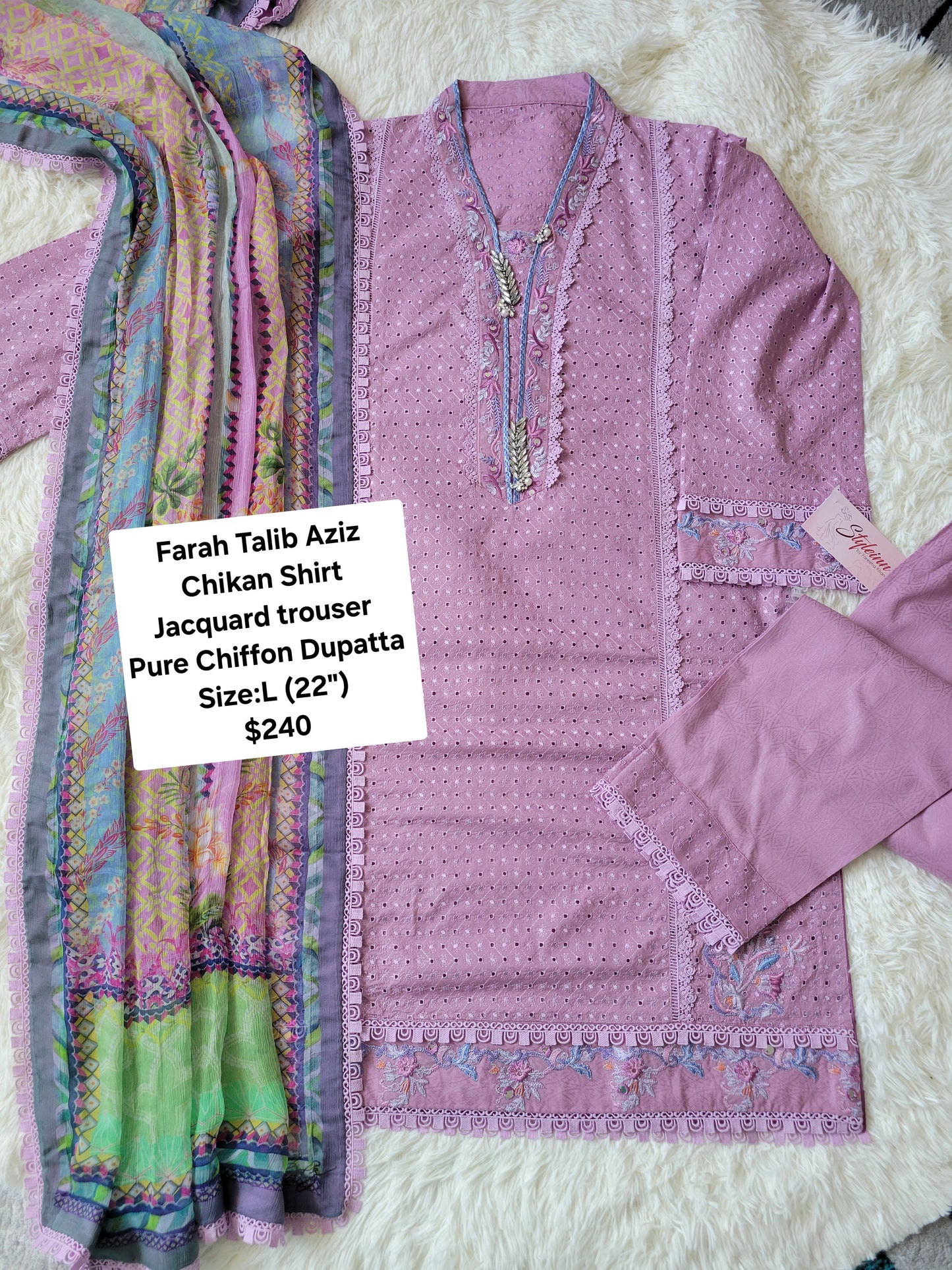 Farah Talib Aziz Enchanting Lilac Chikankari Suit with Jacquard Trouser & Pure Chiffon Dupatta