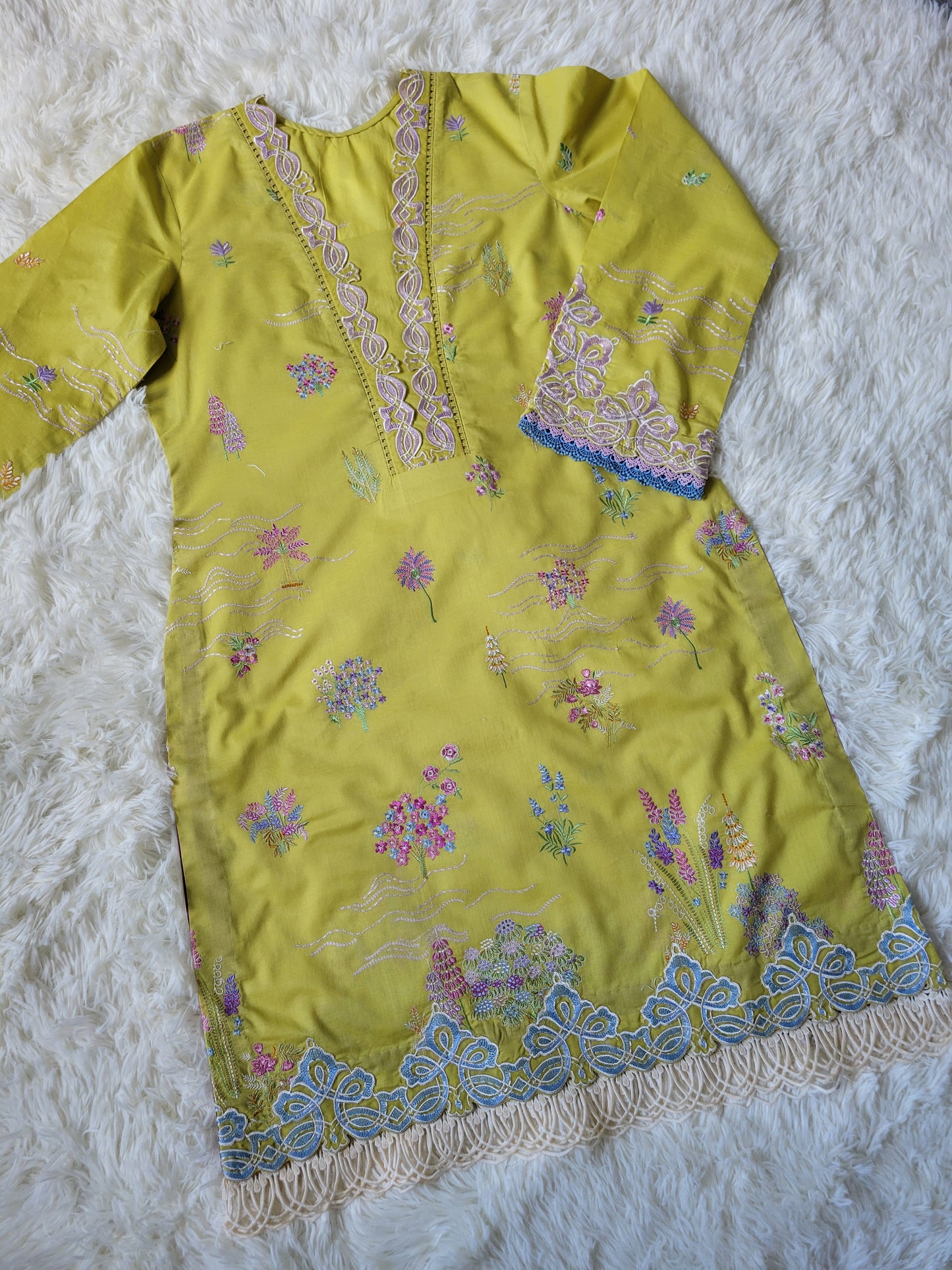 Farah Talib Aziz Embroidered Lemon Green Suit with Watercolor Dupatta