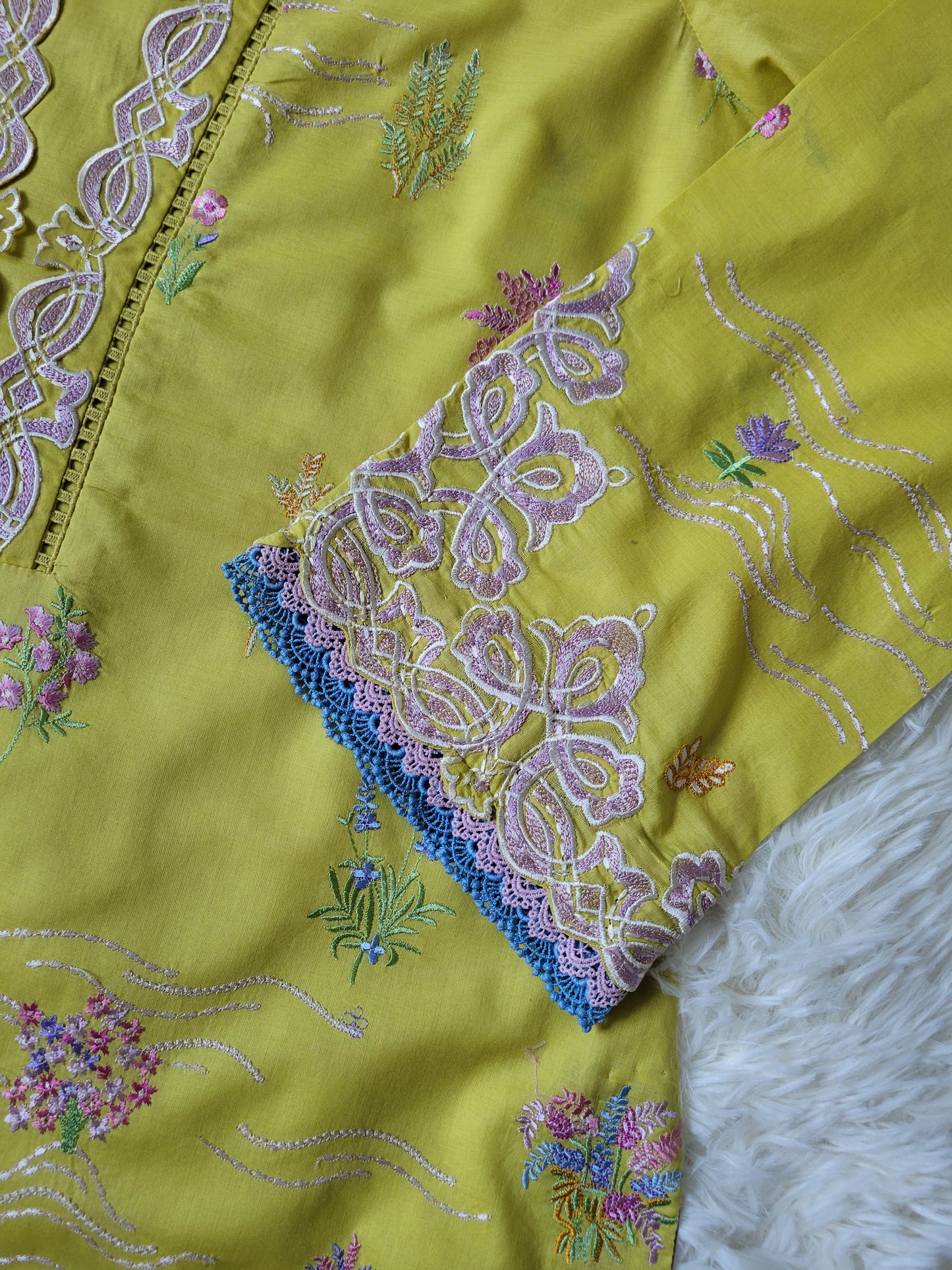 Farah Talib Aziz Embroidered Lemon Green Suit with Watercolor Dupatta