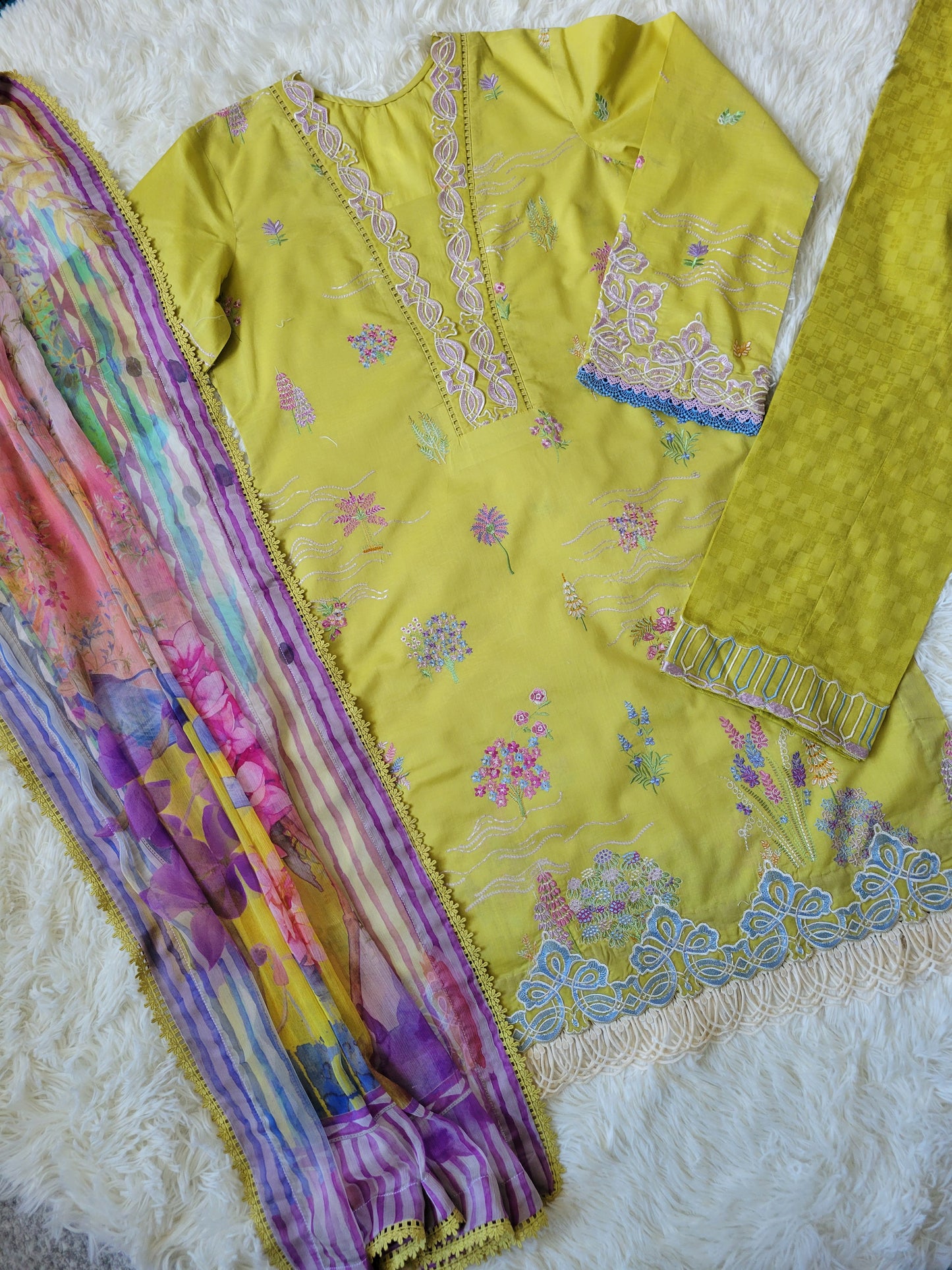 Farah Talib Aziz Embroidered Lemon Green Suit with Watercolor Dupatta