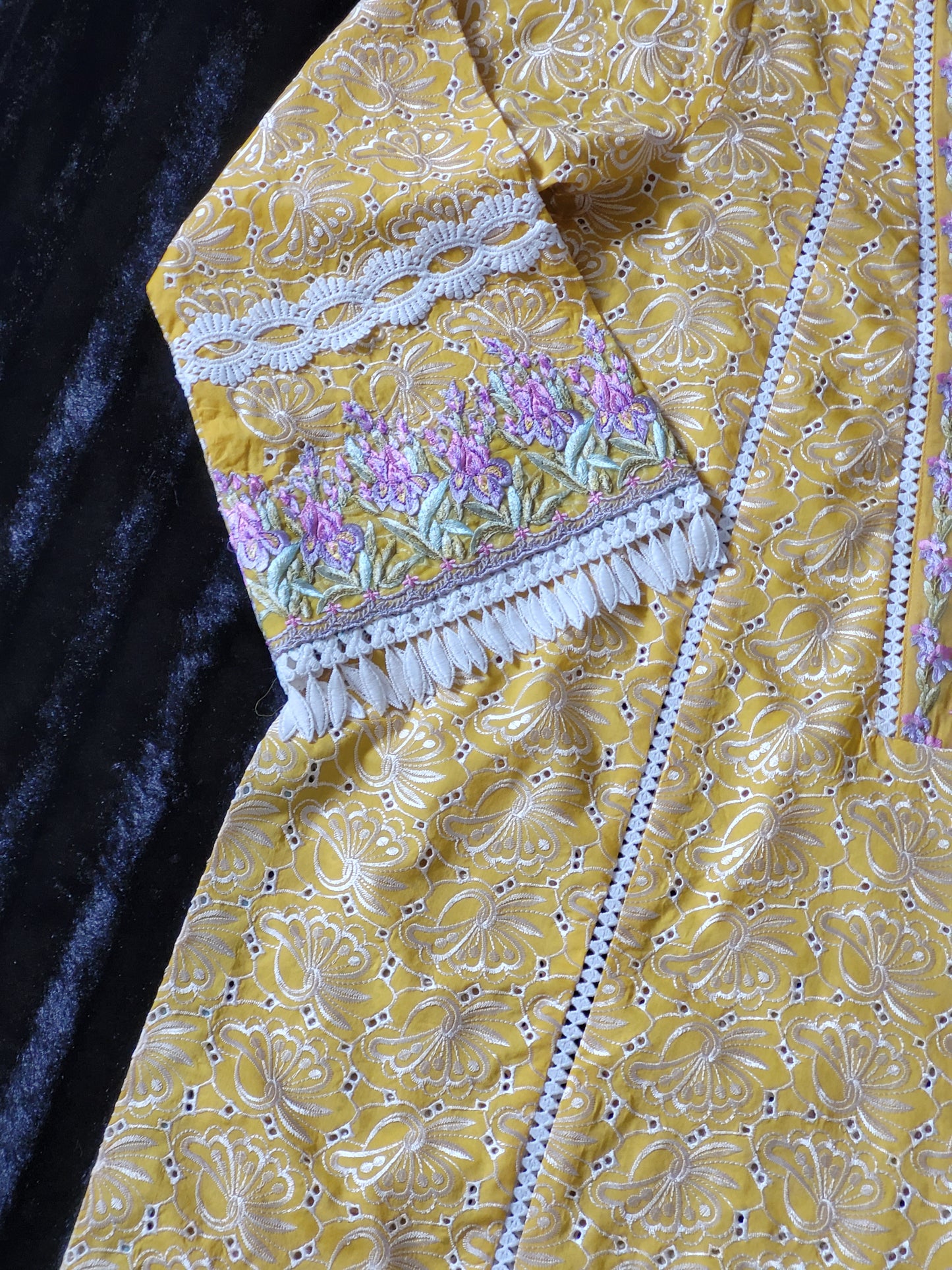 Farah Talib Aziz Golden Hue Embroidered Lawn Ensemble with Multicolored Chiffon Dupatta