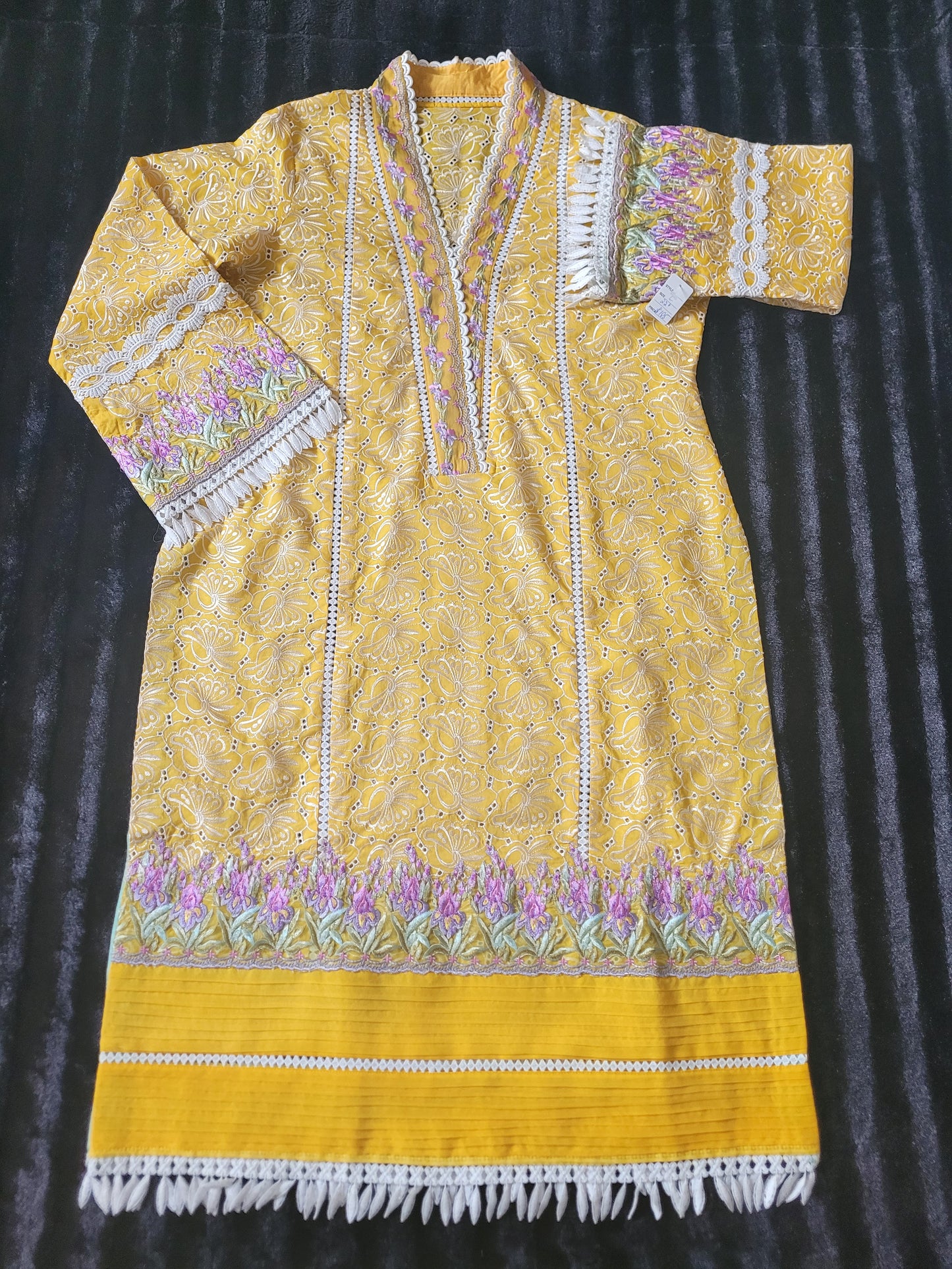 Farah Talib Aziz Golden Hue Embroidered Lawn Ensemble with Multicolored Chiffon Dupatta