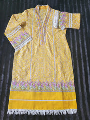 Farah Talib Aziz Golden Hue Embroidered Lawn Ensemble with Multicolored Chiffon Dupatta