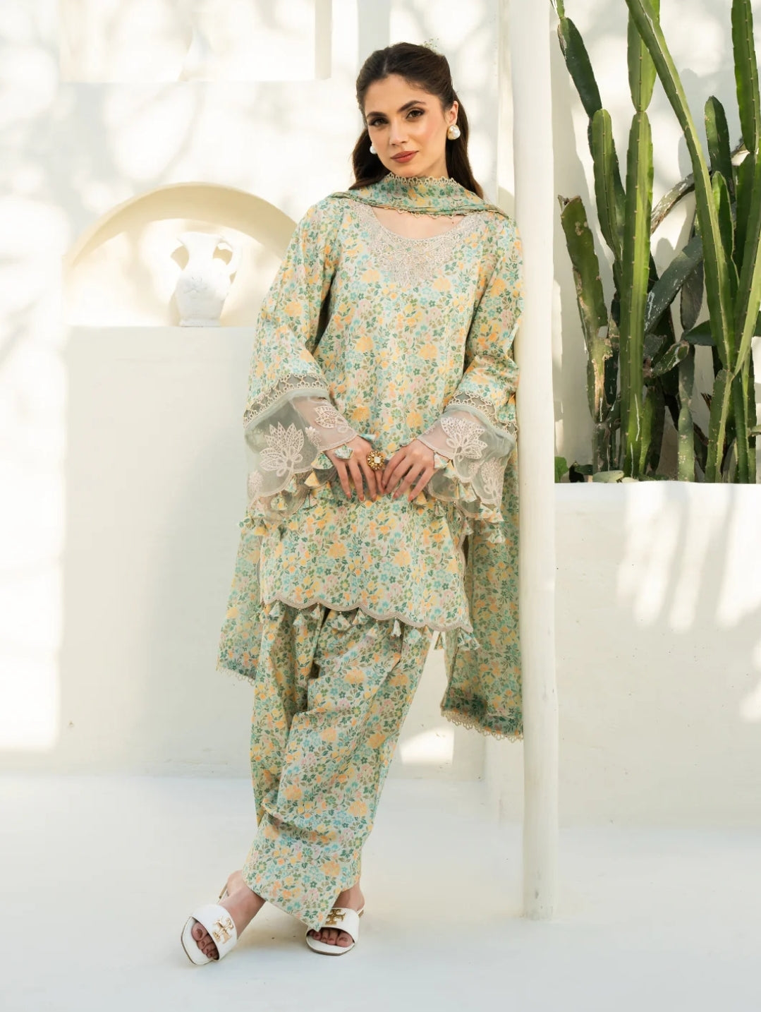 Faiza Faisal Meadow Fresh: Floral Printed Suit with Lace Accents