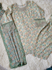 Faiza Faisal Meadow Fresh: Floral Printed Suit with Lace Accents