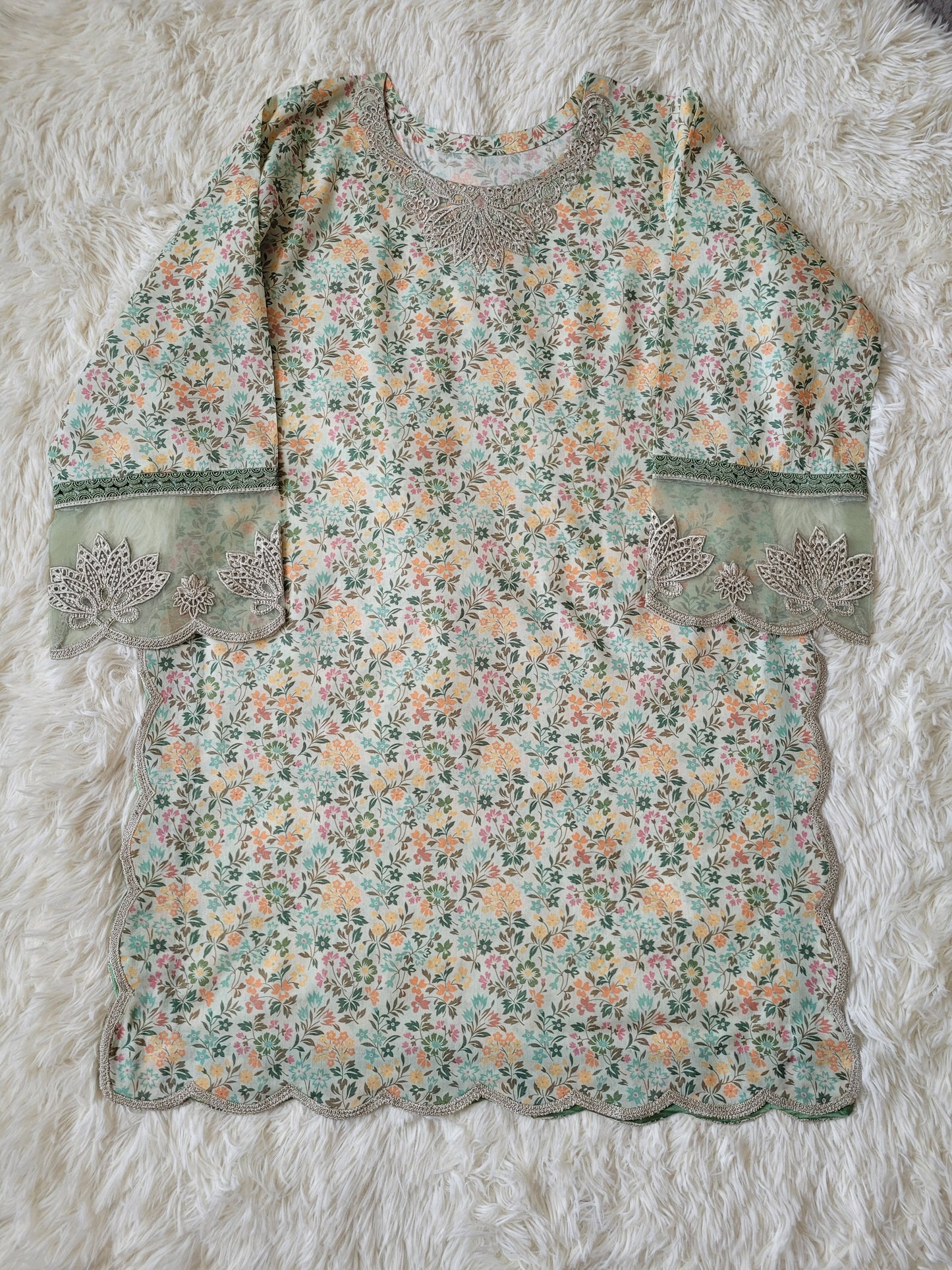 Faiza Faisal Meadow Fresh: Floral Printed Suit with Lace Accents
