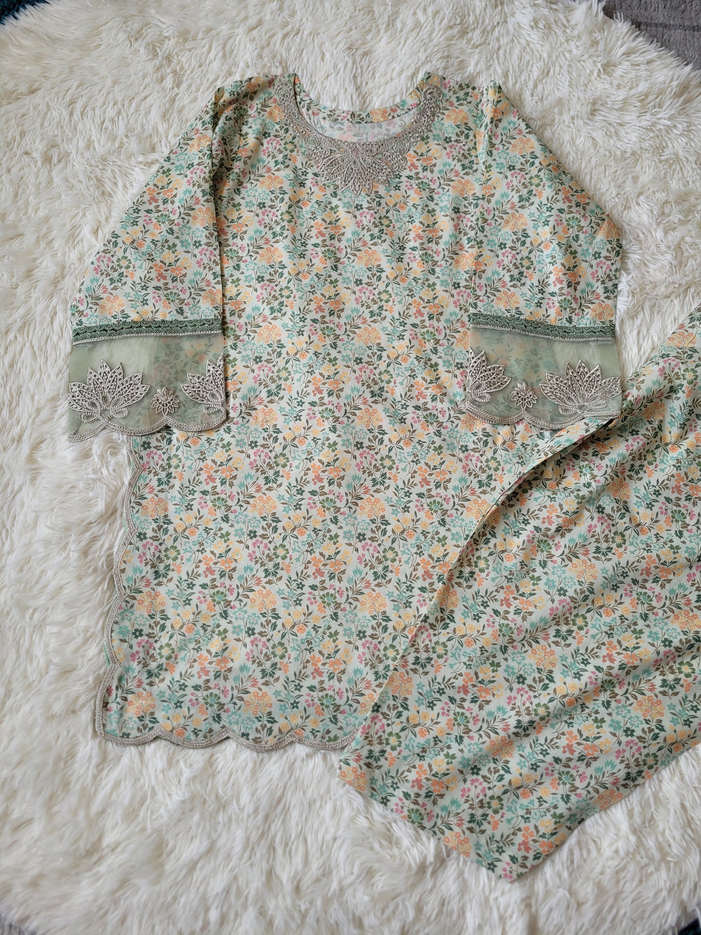 Faiza Faisal Meadow Fresh: Floral Printed Suit with Lace Accents