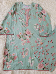 2 Pc Embroidered Suit Blue All Over Floral Print