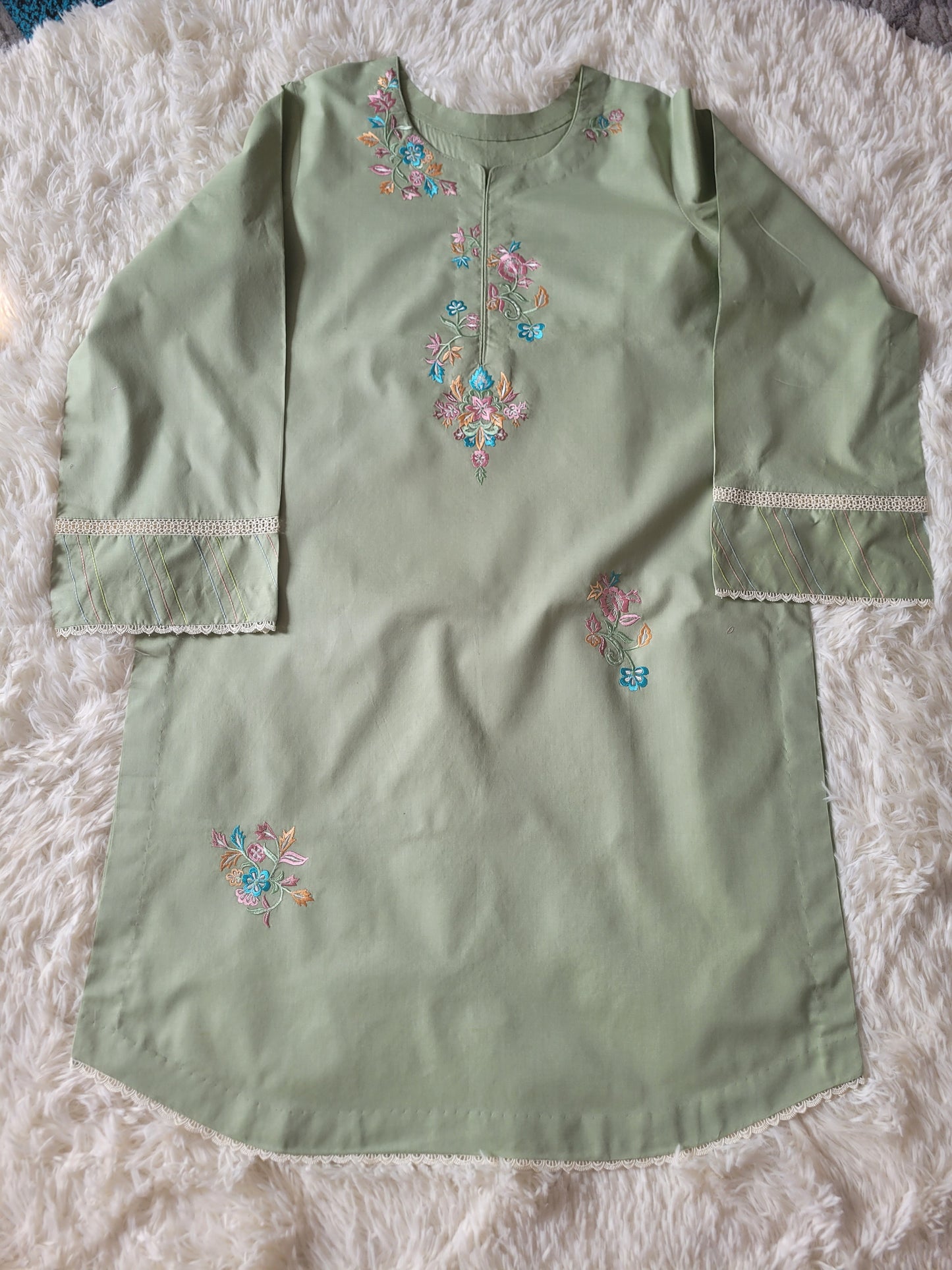 Green Bareeze & White: Embroidered Cotton Two-Piece Suit