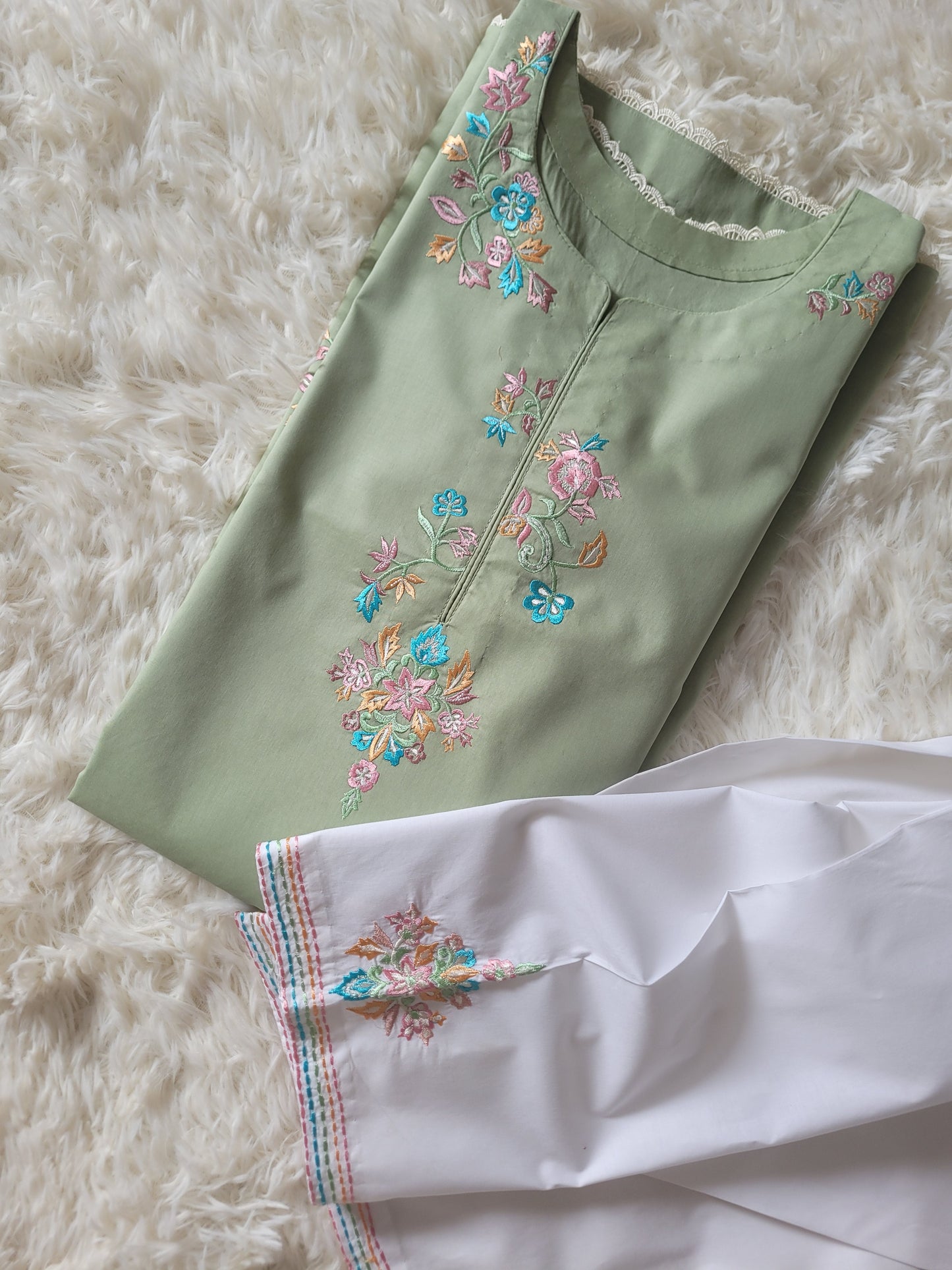 Green Bareeze & White: Embroidered Cotton Two-Piece Suit