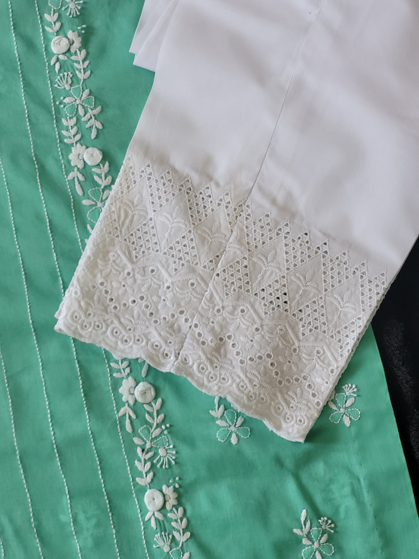 Mint Serenity Hand-Embroidered Lawn Suit with Classic White Trouser