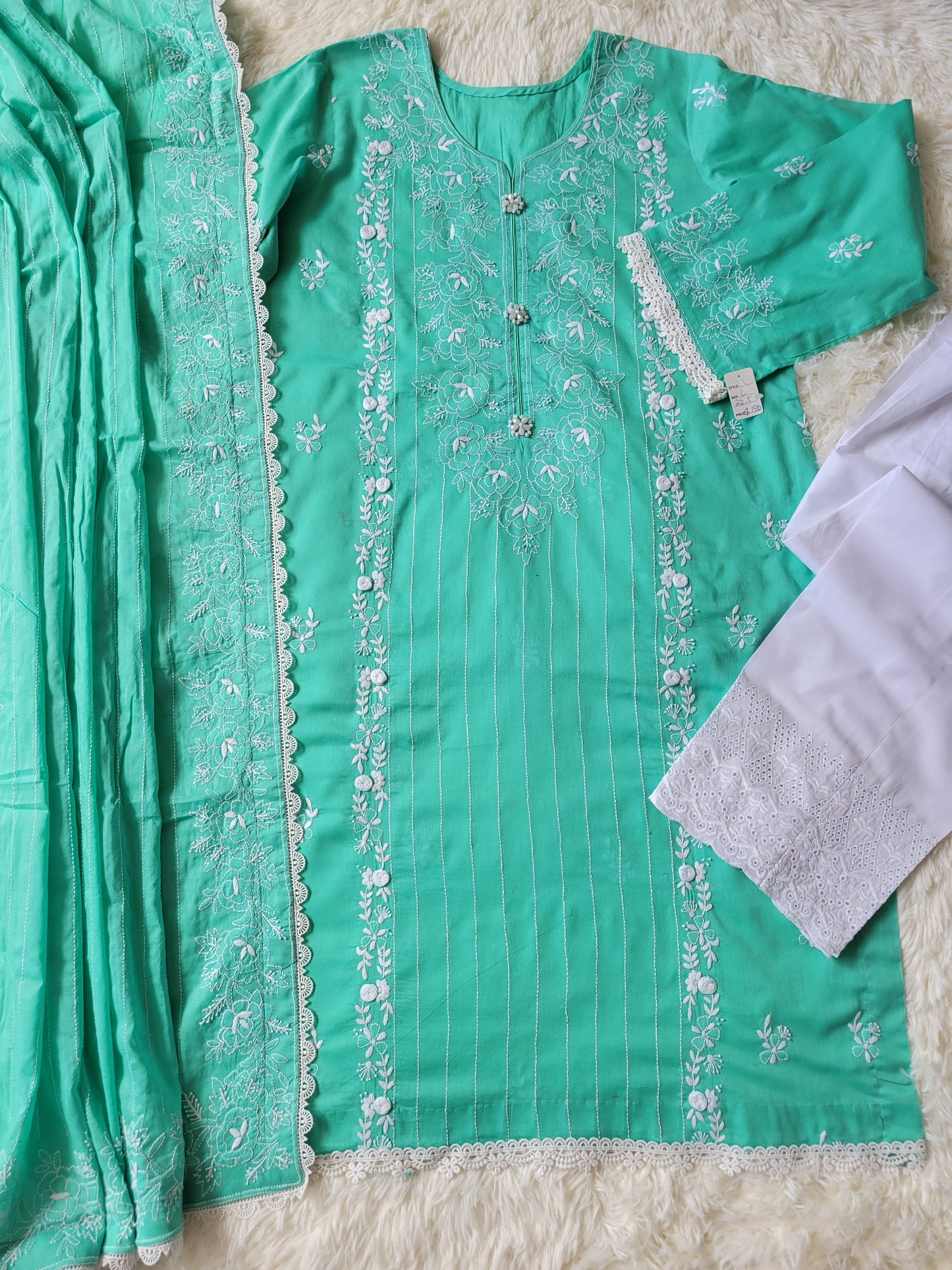 Mint Serenity Hand-Embroidered Lawn Suit with Classic White Trouser